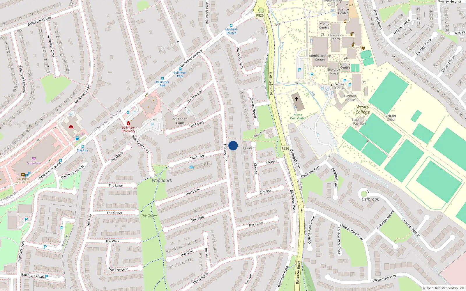 Overhead map showing the location of 22 Clonlea, Dublin 16