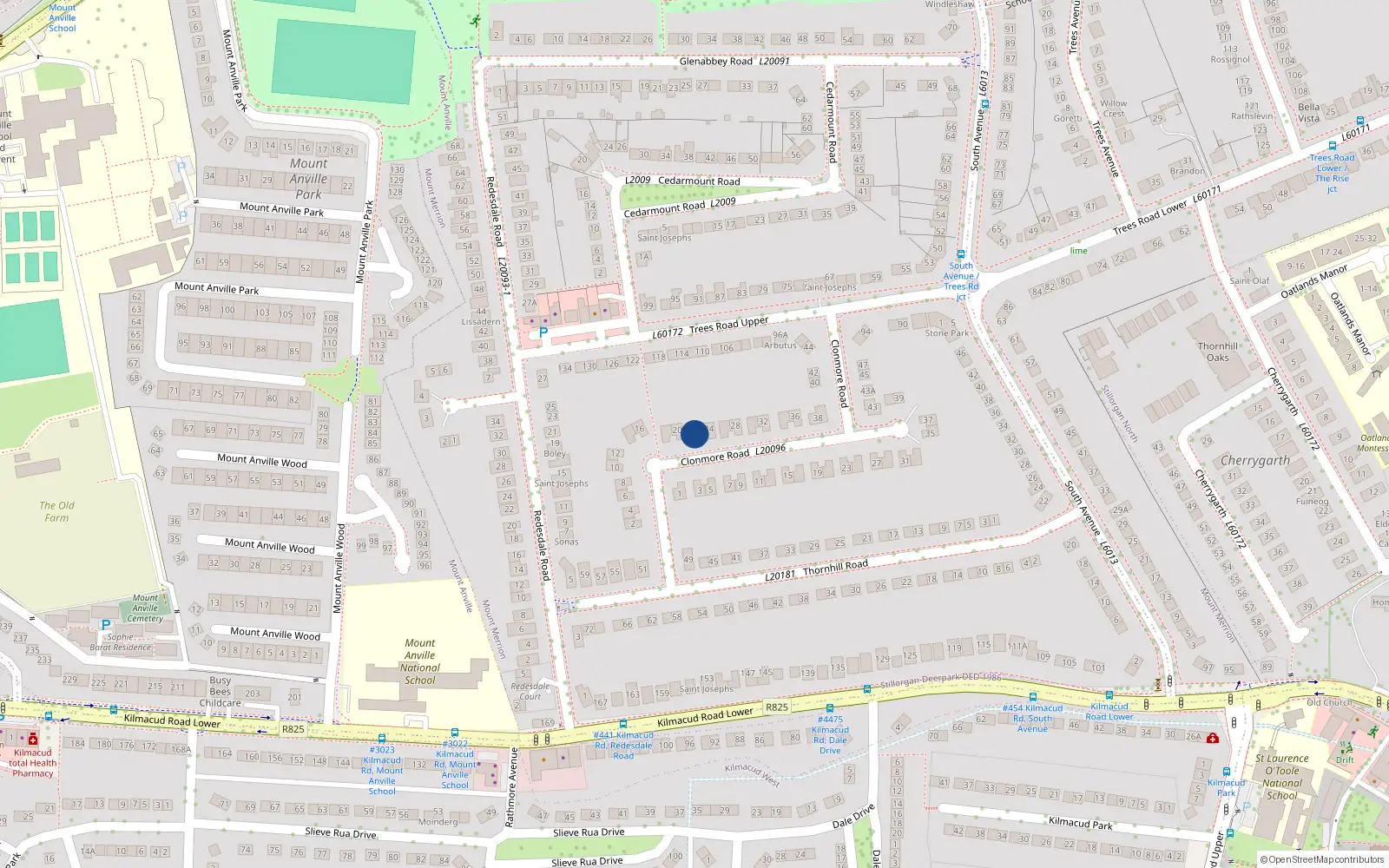 Overhead map showing the location of 22 Clonmore Road, Mount Merrion, Dublin