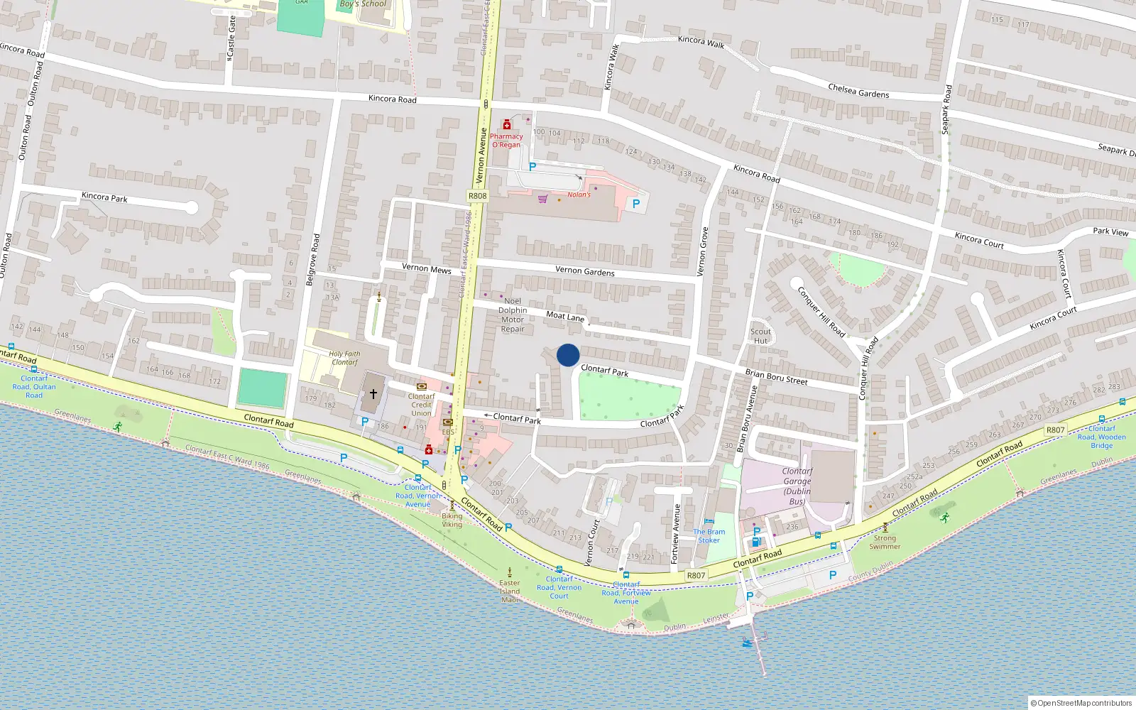 Overhead map showing the location of 22 Clontarf Park, Dublin 3