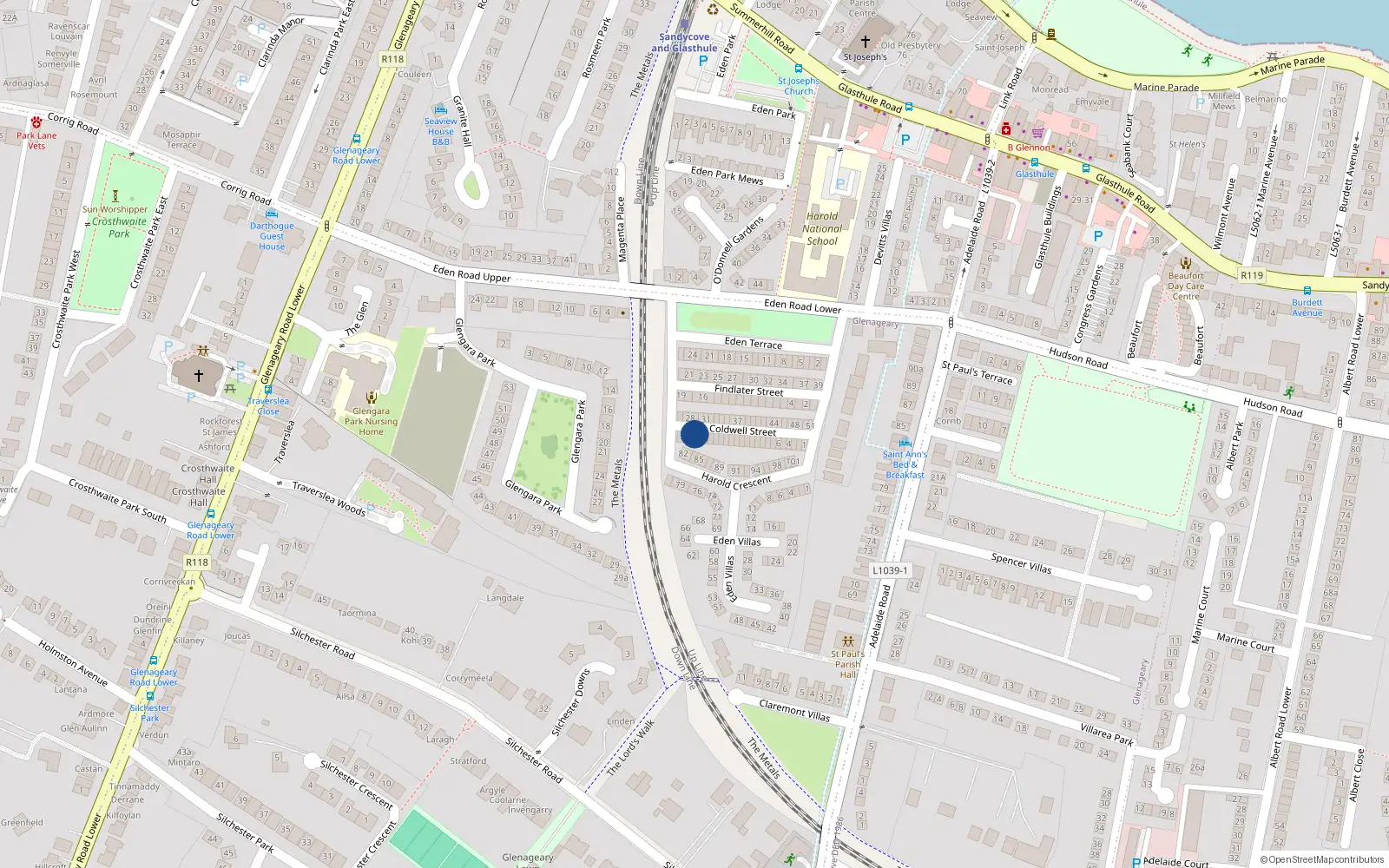 Overhead map showing the location of 22 Coldwell St, Glasthule, Dublin
