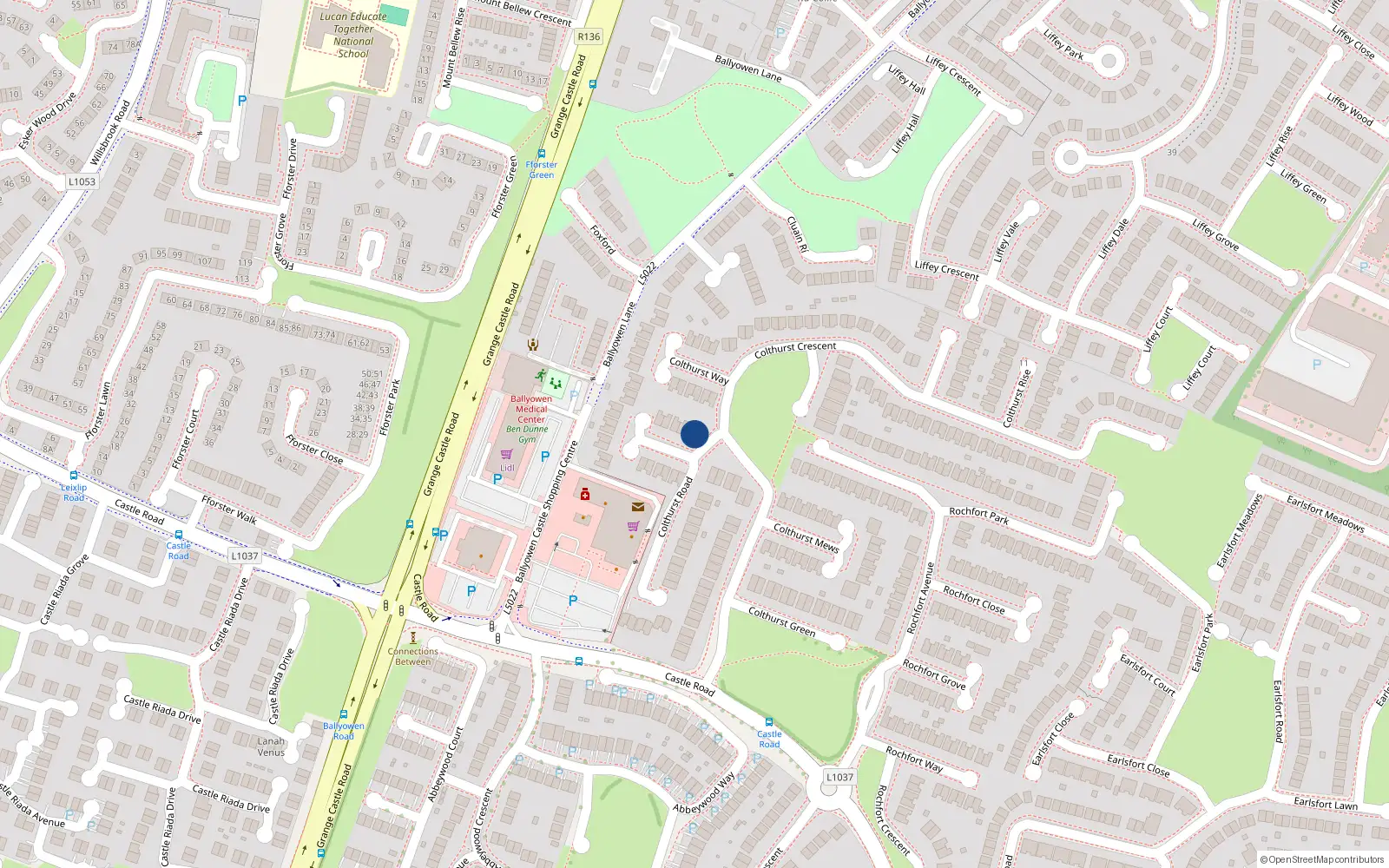 Overhead map showing the location of 22 Colthurst Close, Lucan, Dublin