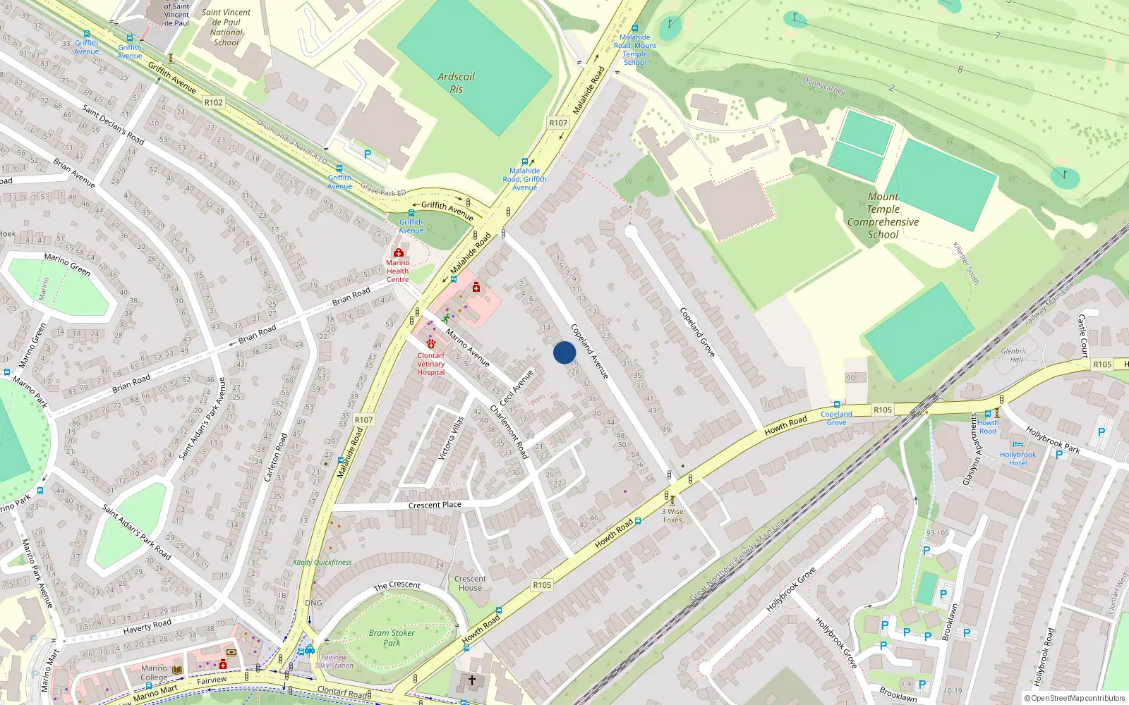 Overhead map showing the location of 22 Copeland Avenue, Dublin 3