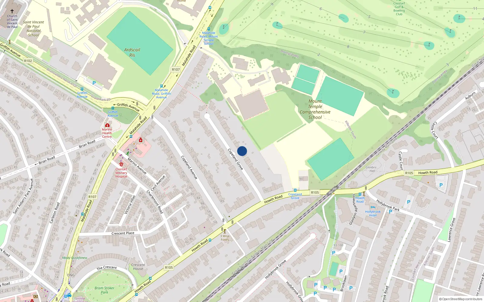 Overhead map showing the location of 22 Copeland Grove, Dublin 3