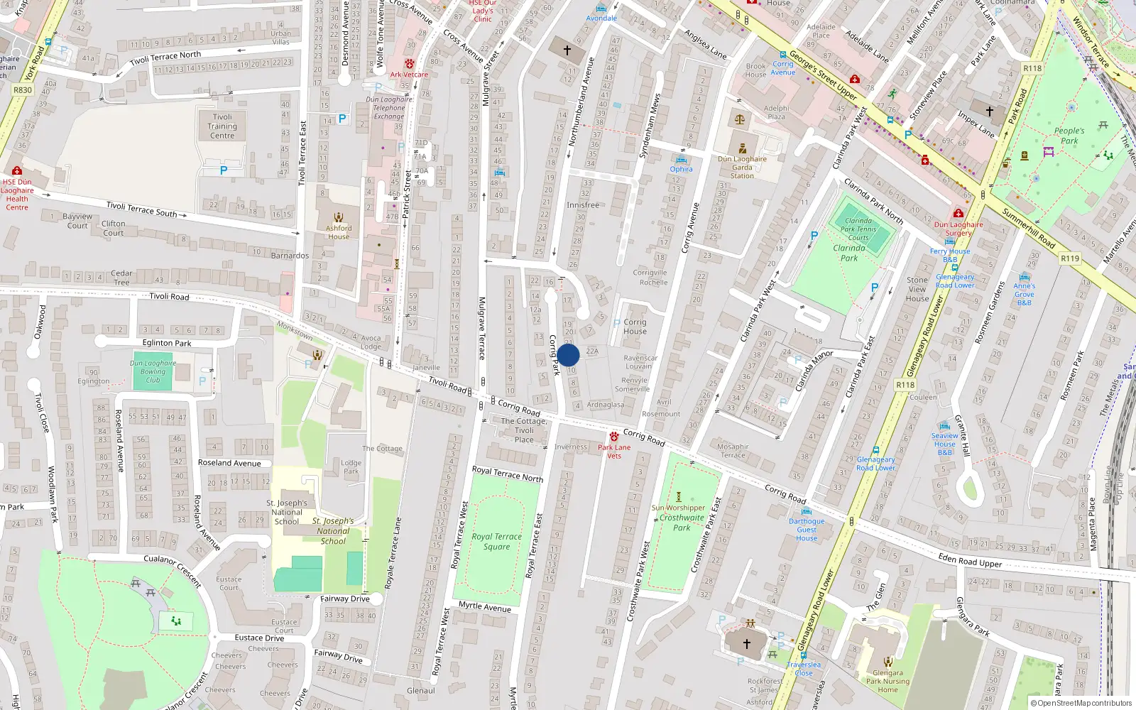 Overhead map showing the location of 22 Corrig Park, Dun Laoghaire, Dublin