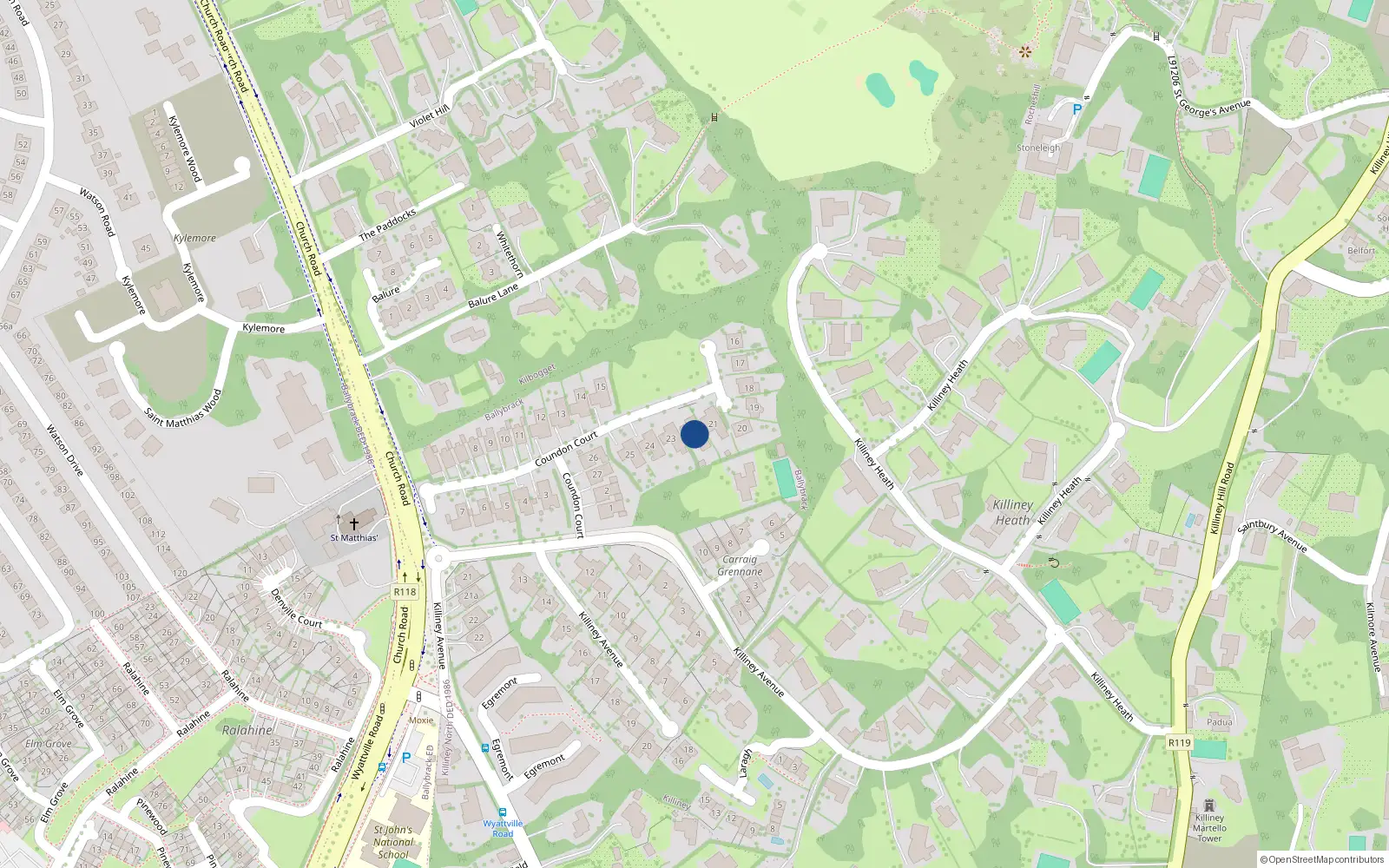 Overhead map showing the location of 22 Coundon Court, Killiney