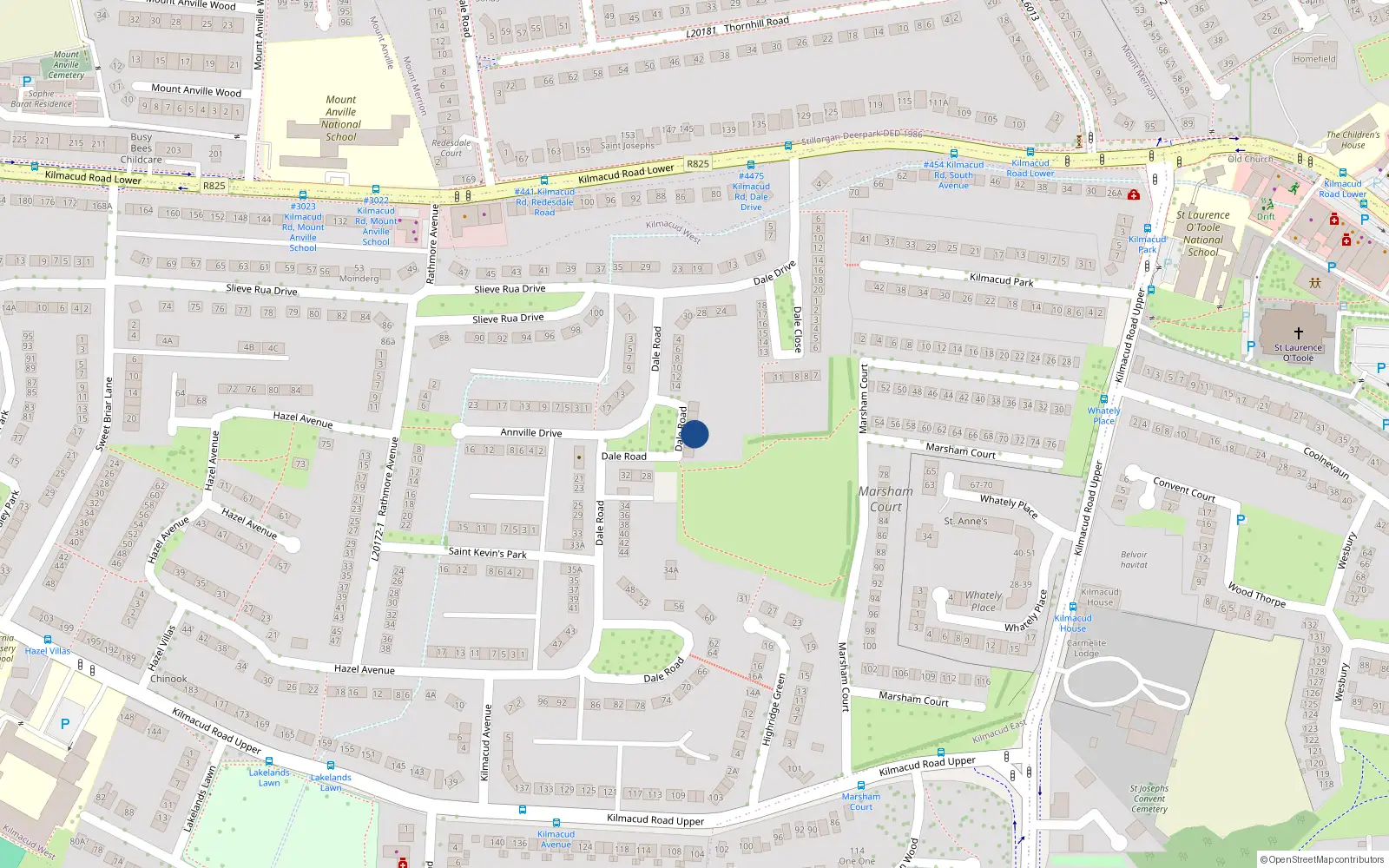 Overhead map showing the location of 22 Dale Road, Kilmacud, Stillorgan