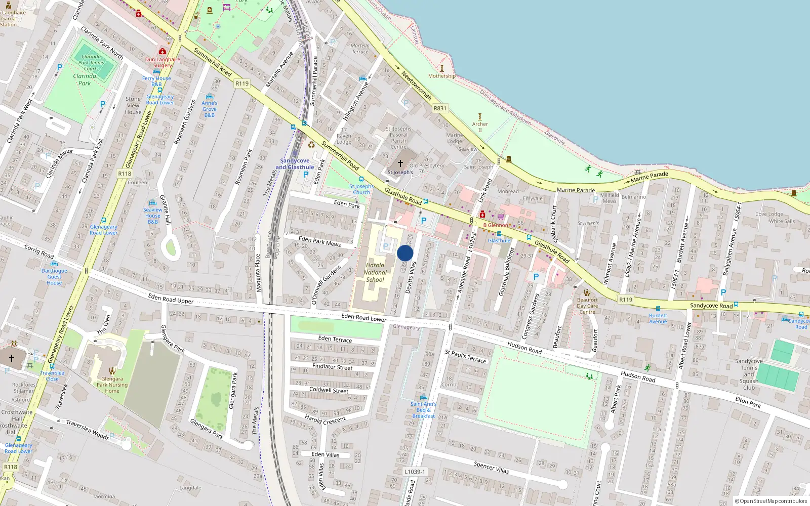 Overhead map showing the location of 22 Devitt Villas, Dun Laoghaire