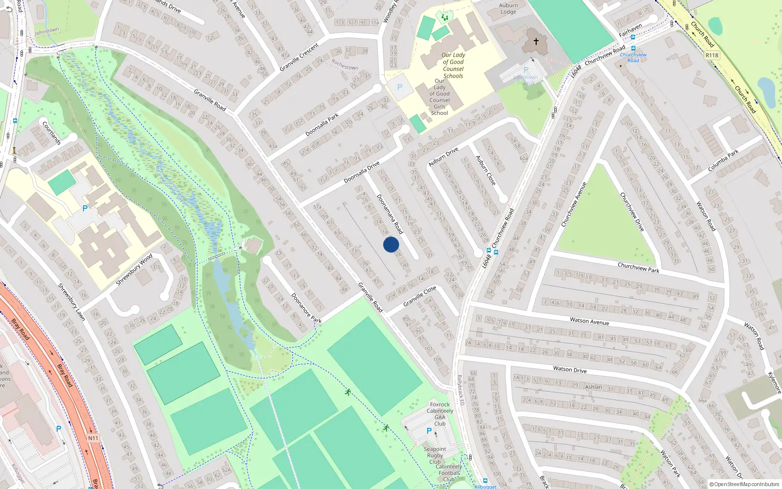 Overhead map showing the location of 22 Doonamana Road, Dun Laoghaire, Dublin