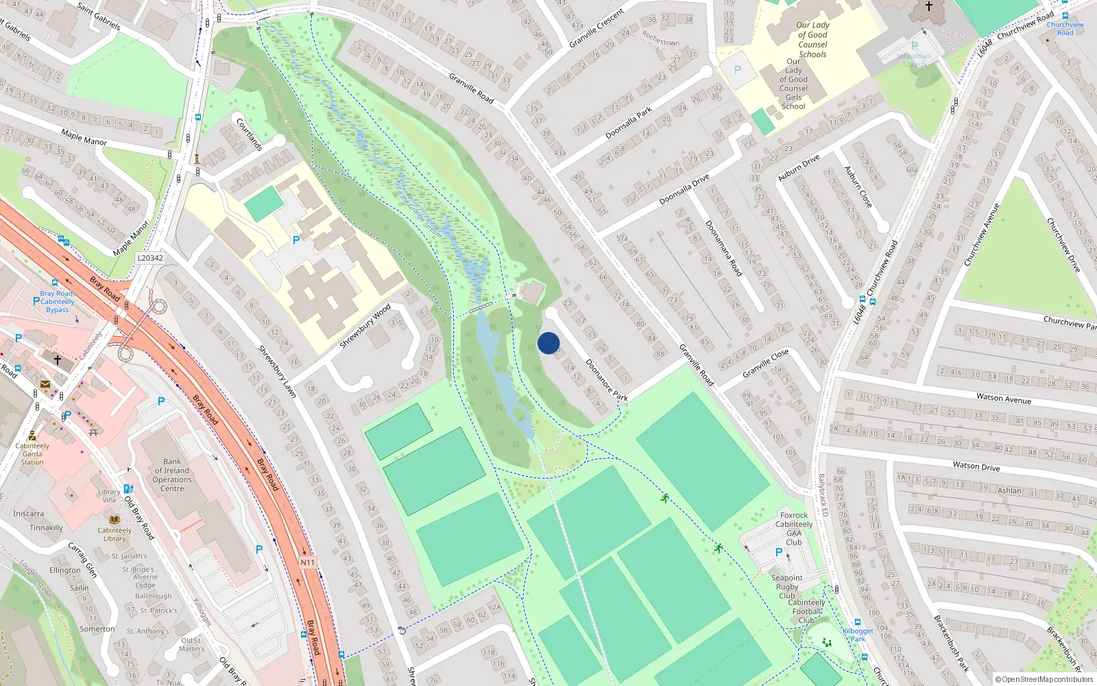 Overhead map showing the location of 22 Doonanore Park, Dun Laoghaire, Dublin