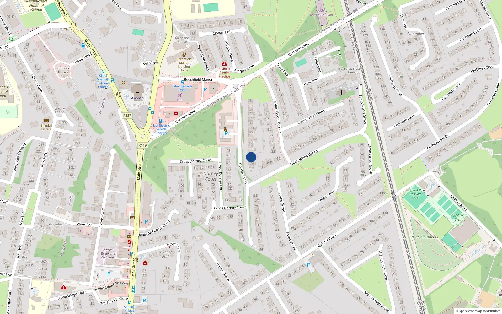 Overhead map showing the location of 22 Dorney Court, Shankill
