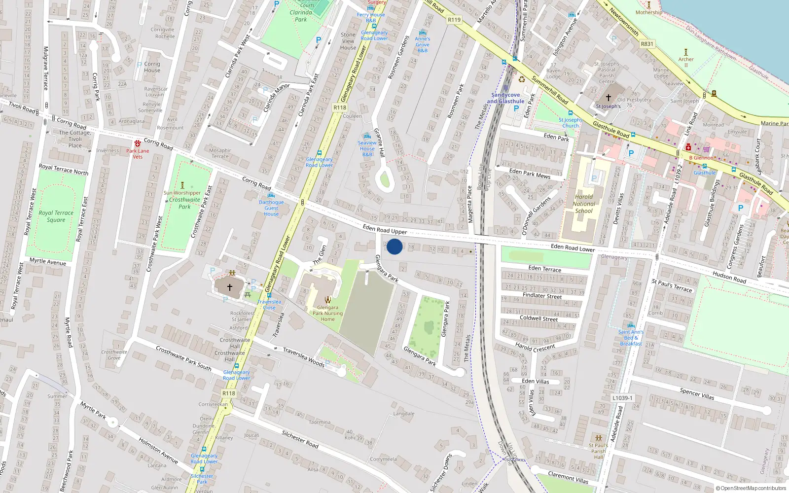 Overhead map showing the location of 22 Eden Road Upper, Dublin