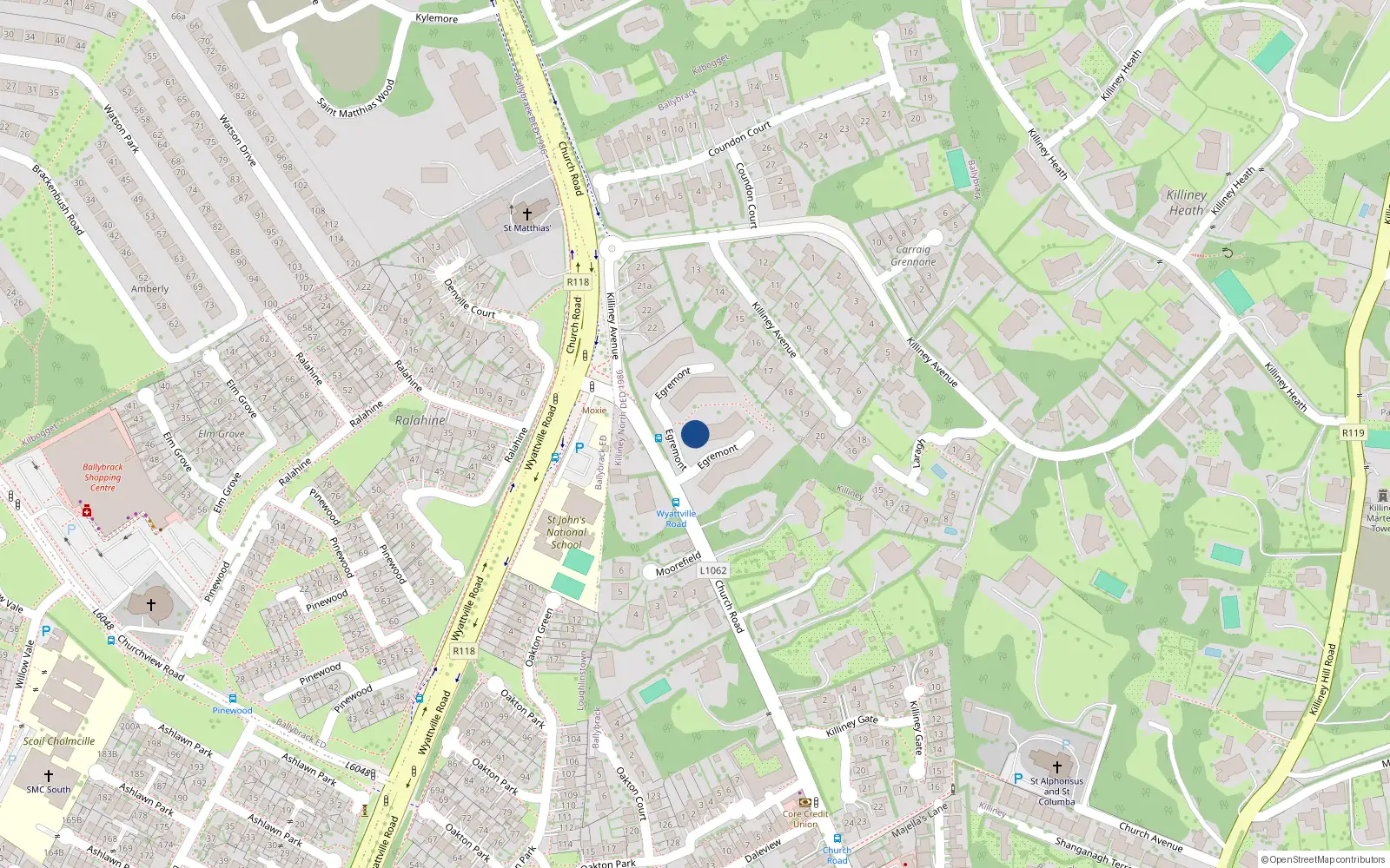 Overhead map showing the location of 22 Egremont, Church Road, Killiney