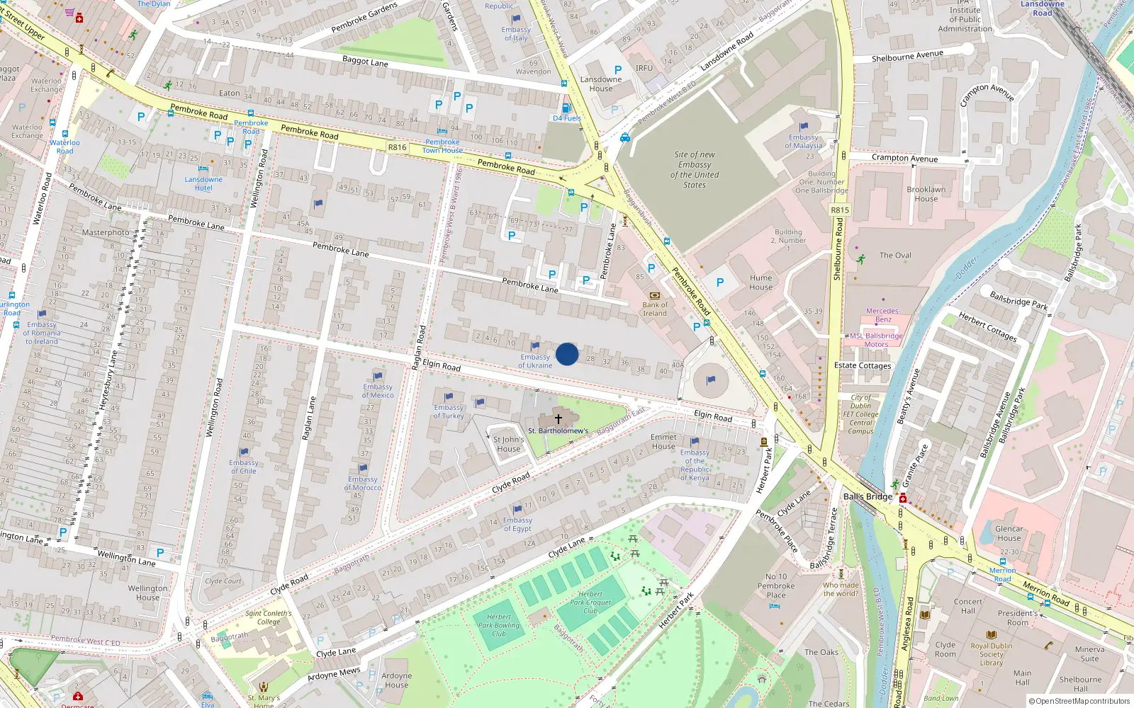 Overhead map showing the location of 22 Elgin Road, Dublin 4