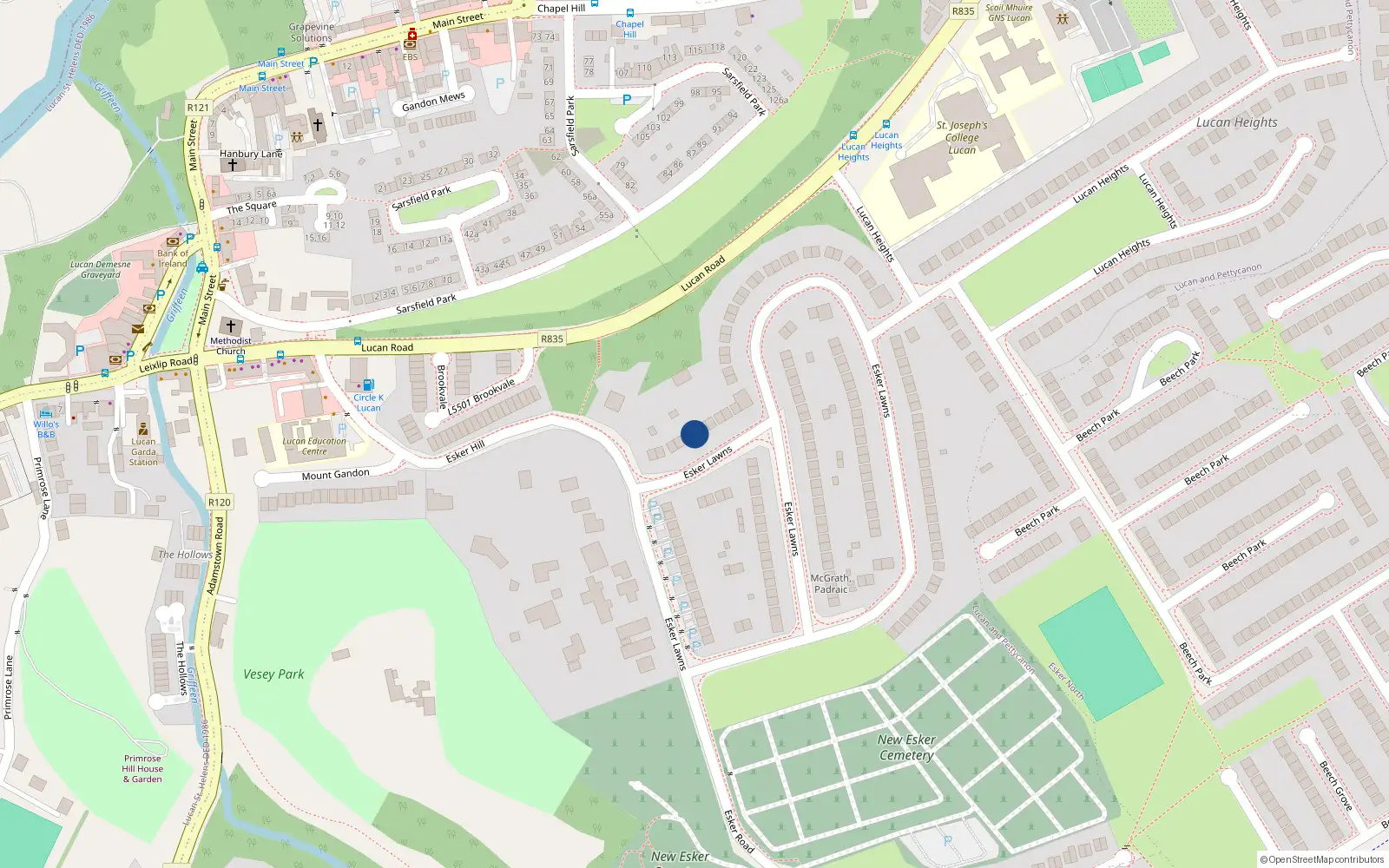 Overhead map showing the location of 22 Esker Lawns, Lucan, Co Dublin