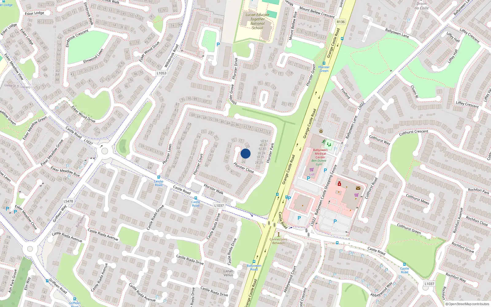 Overhead map showing the location of 22 Fforster Close, Ballydowd Manor, Lucan