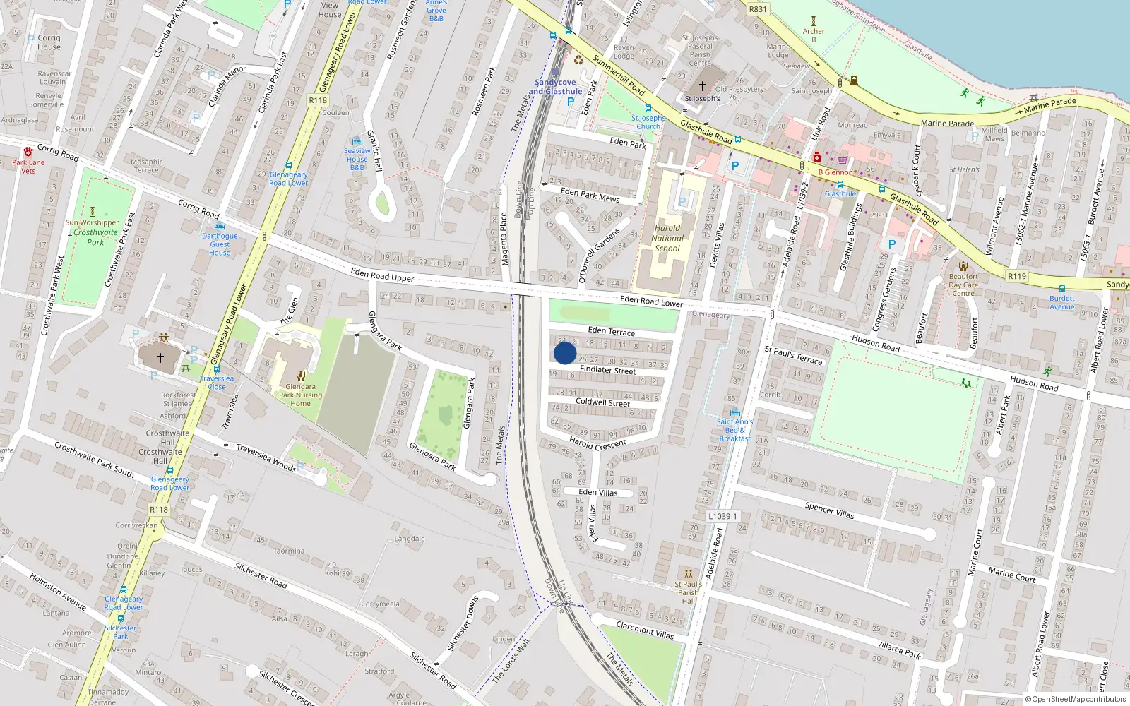 Overhead map showing the location of 22 Findlater St, Glasthule, Dublin