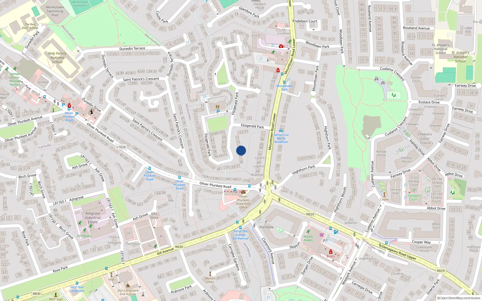 Overhead map showing the location of 22 Fitzgerald Park, Dunlaoghaire