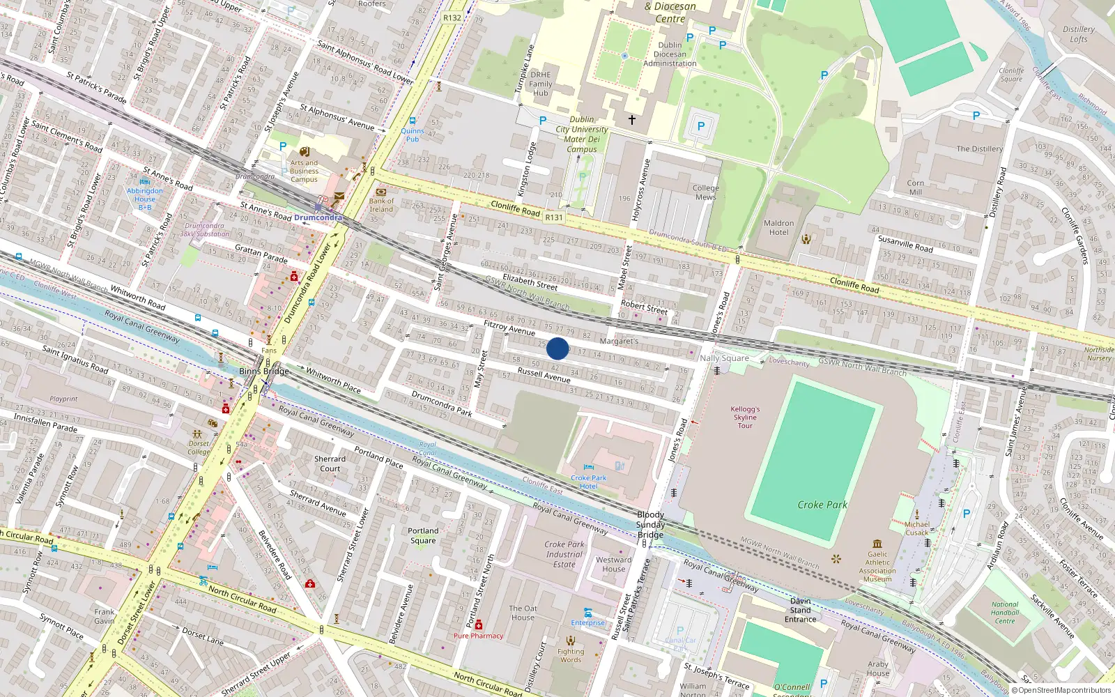 Overhead map showing the location of 22 Fitzroy Avenue, Drumcondra, Dublin 3