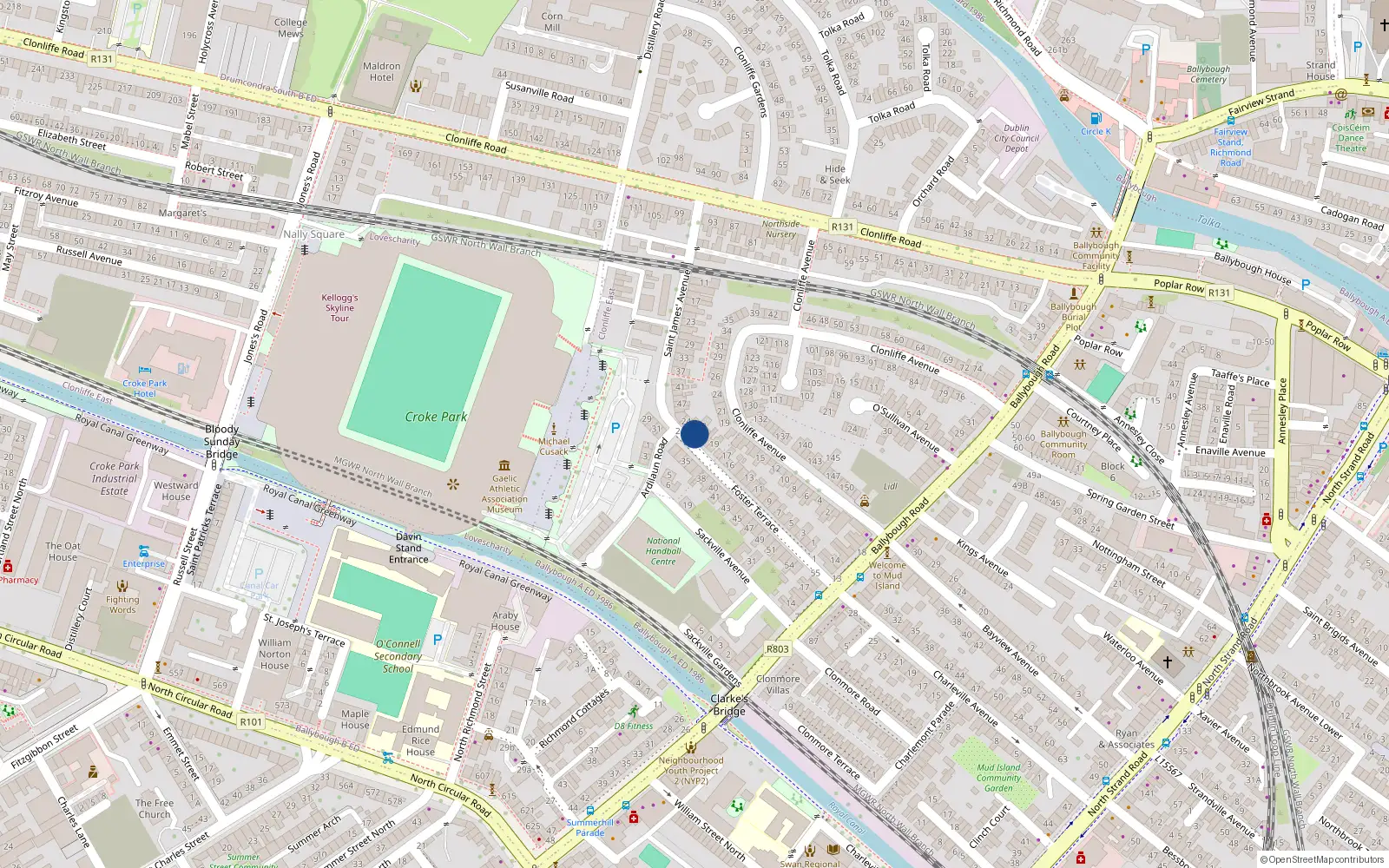Overhead map showing the location of 22 Foster Terrace, Ballybough, Dublin 3