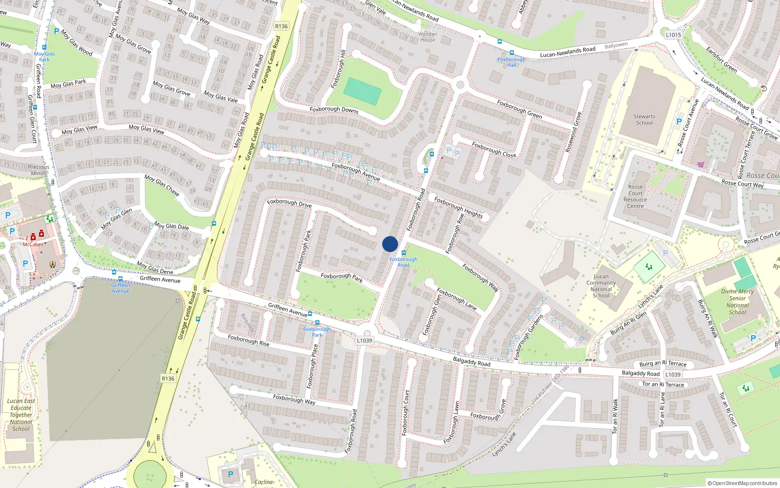 Overhead map showing the location of 22 Foxborough Road, Lucan
