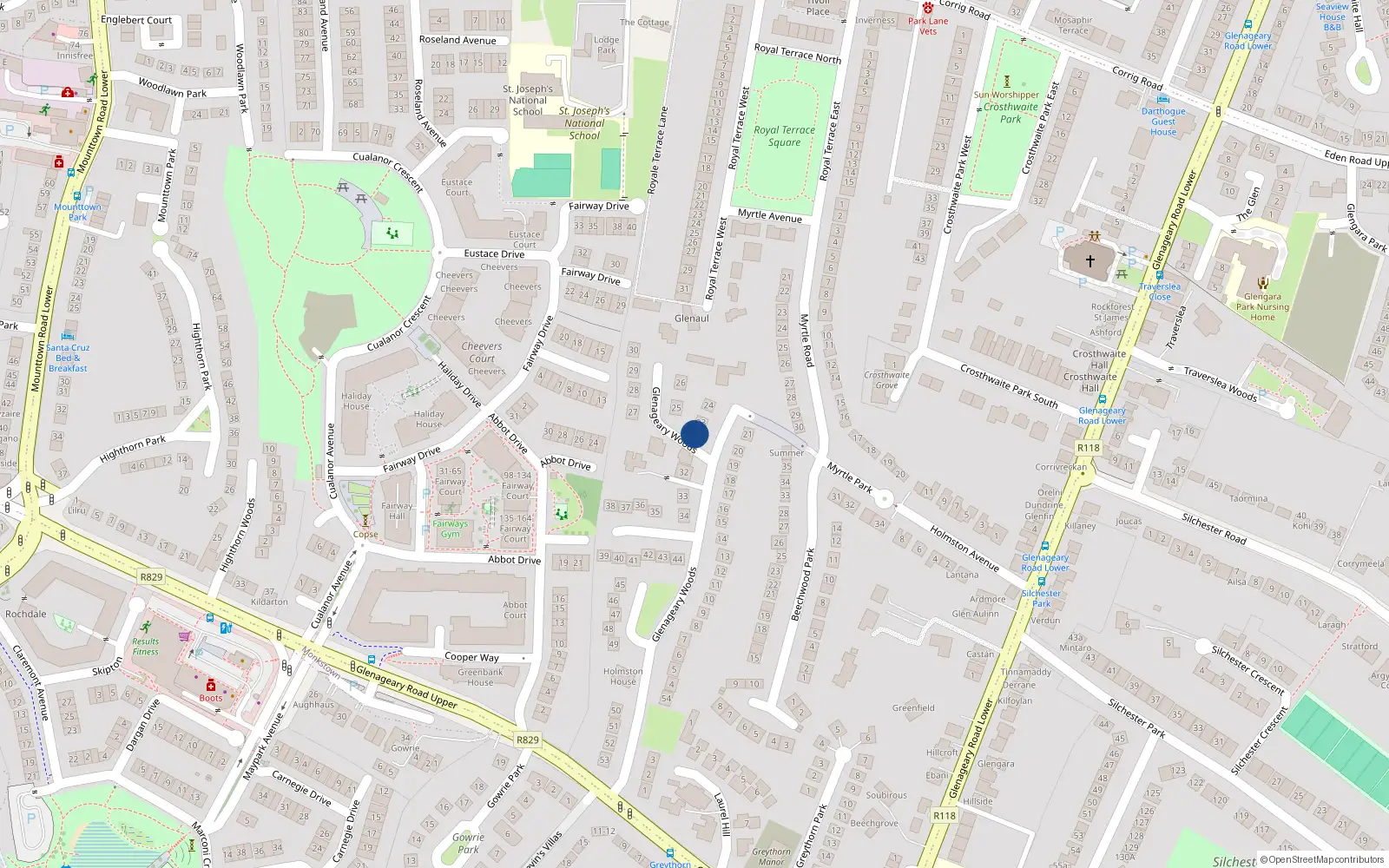Overhead map showing the location of 22 Glenageary Woods, Dublin