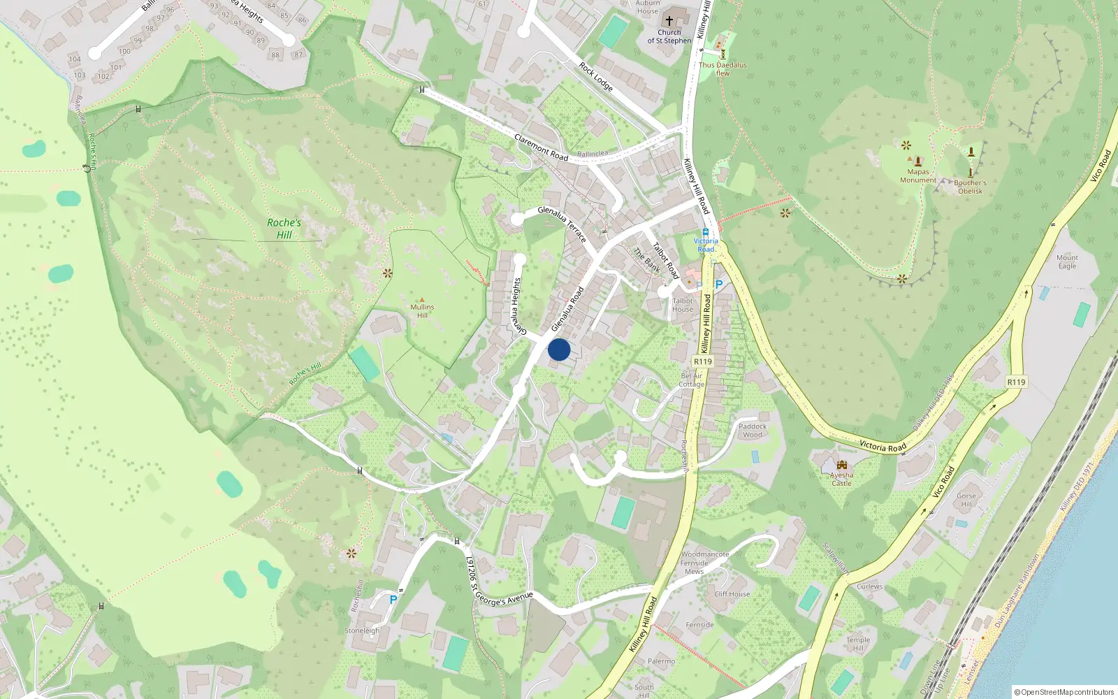 Overhead map showing the location of 22 Glenalua Road, Killiney