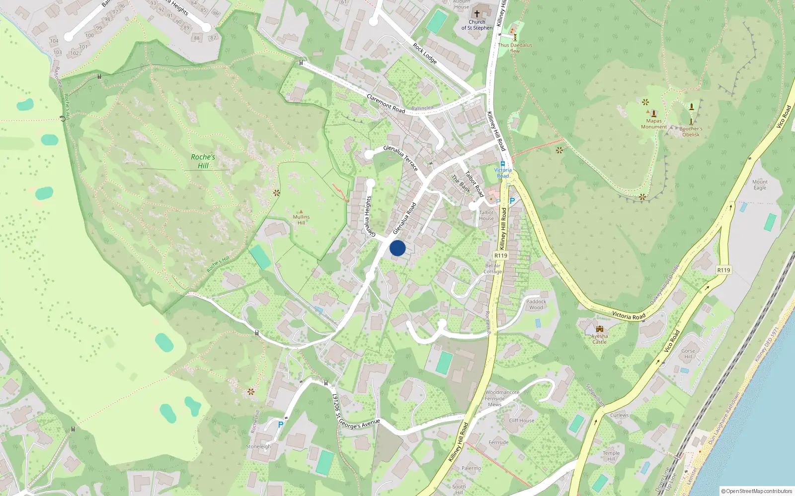Overhead map showing the location of 22 Glenalua Terrace, Glenalua Road, Killiney