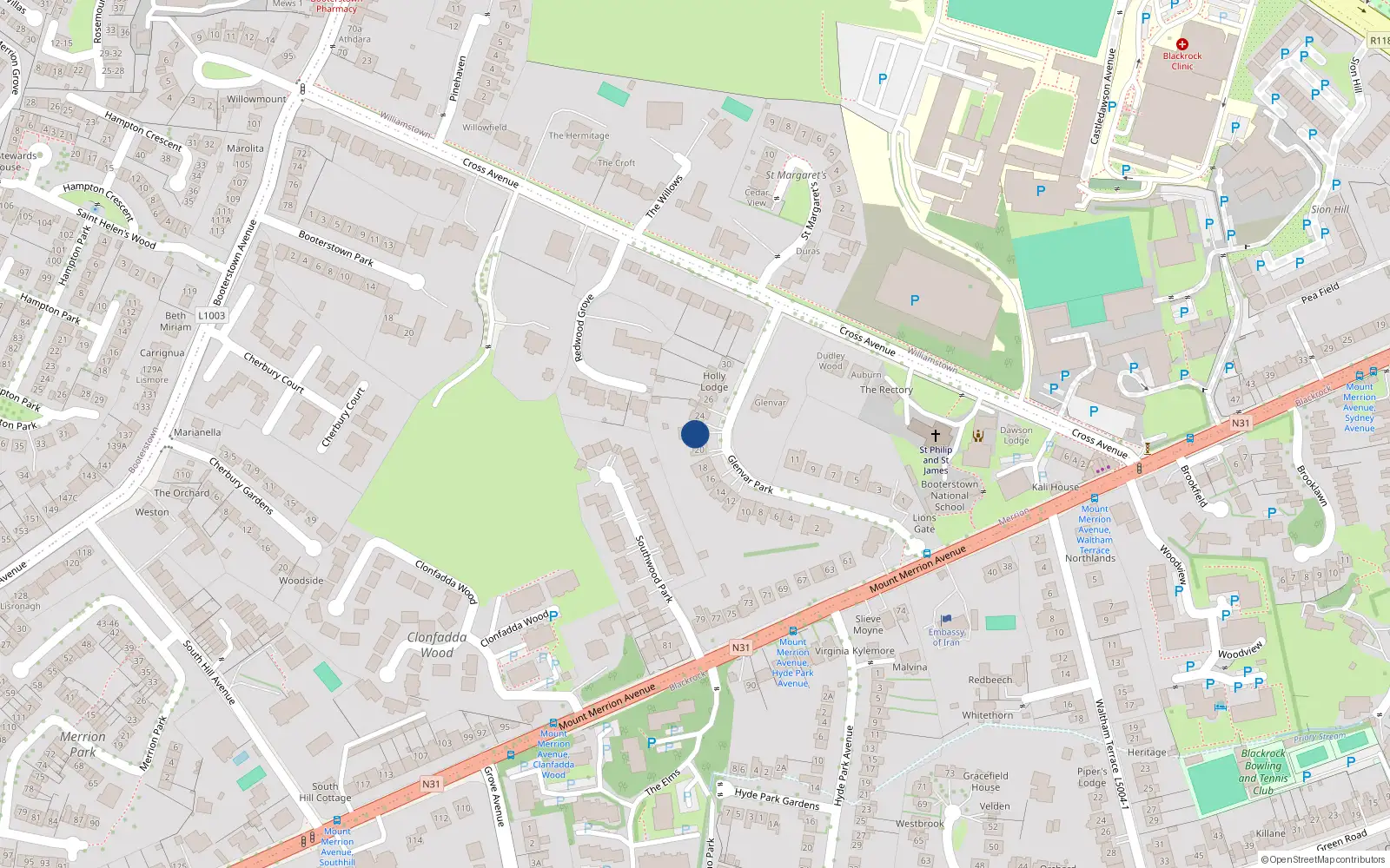 Overhead map showing the location of 22 Glenvar Park, Blackrock