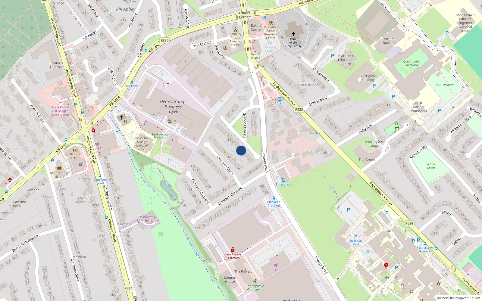 Overhead map showing the location of 22 Grange Crescent, Pottery Road, Dun Laoghaire