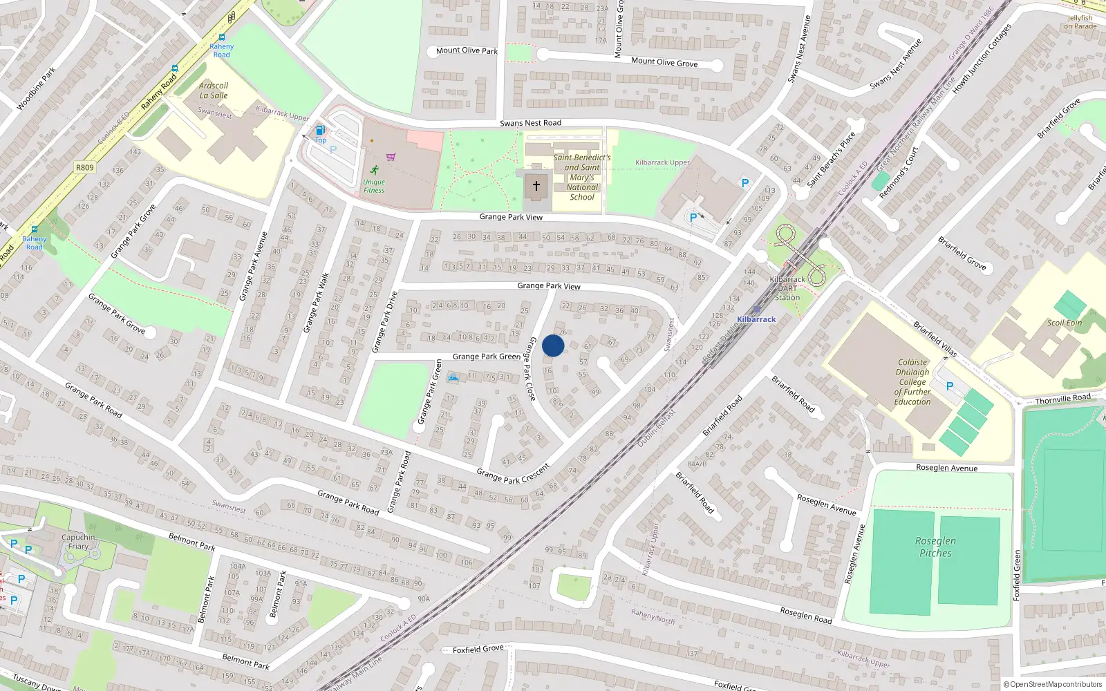 Overhead map showing the location of 22 Grange Park Close, Dublin 5