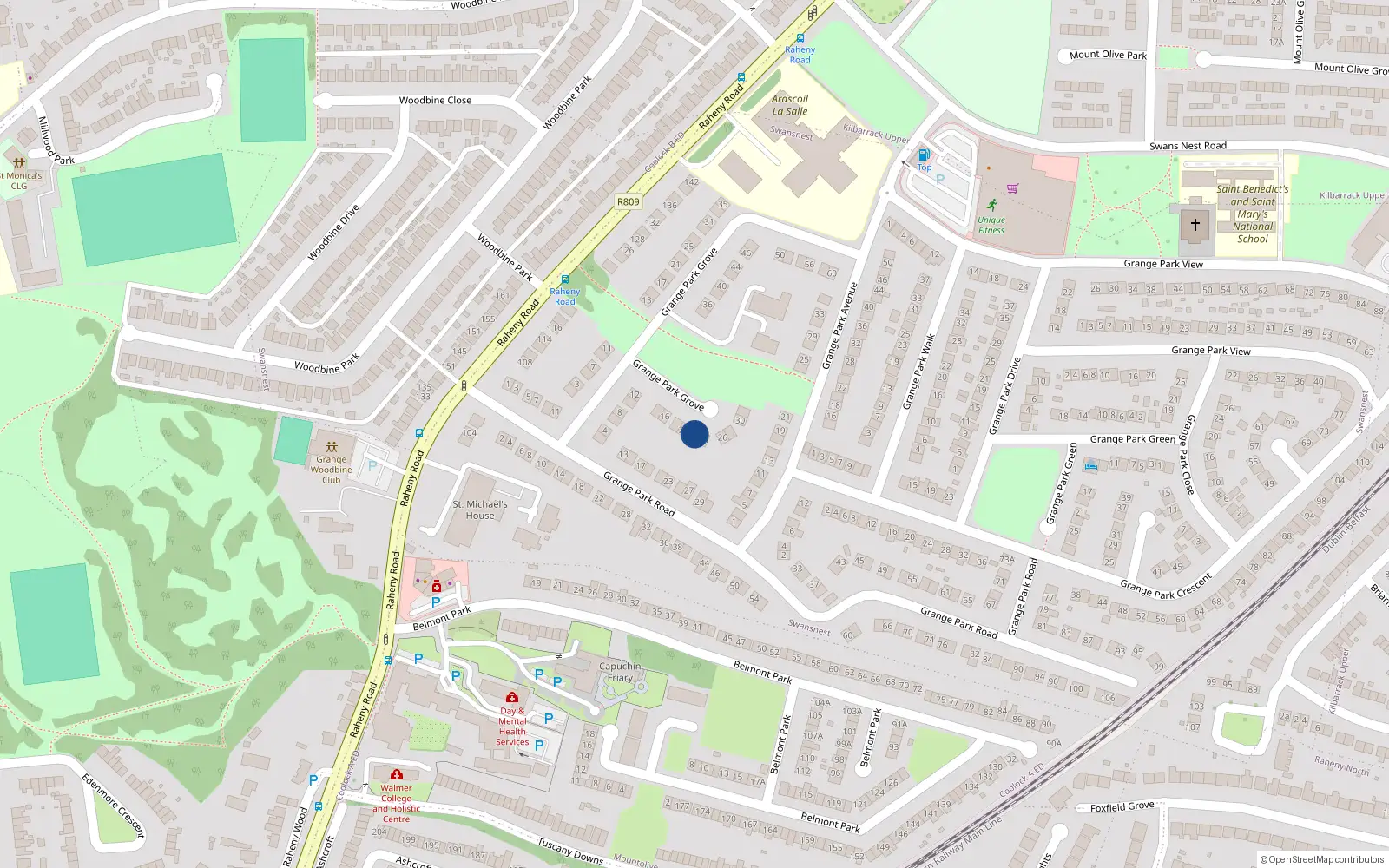 Overhead map showing the location of 22 Grange Park Grove, Dublin 5
