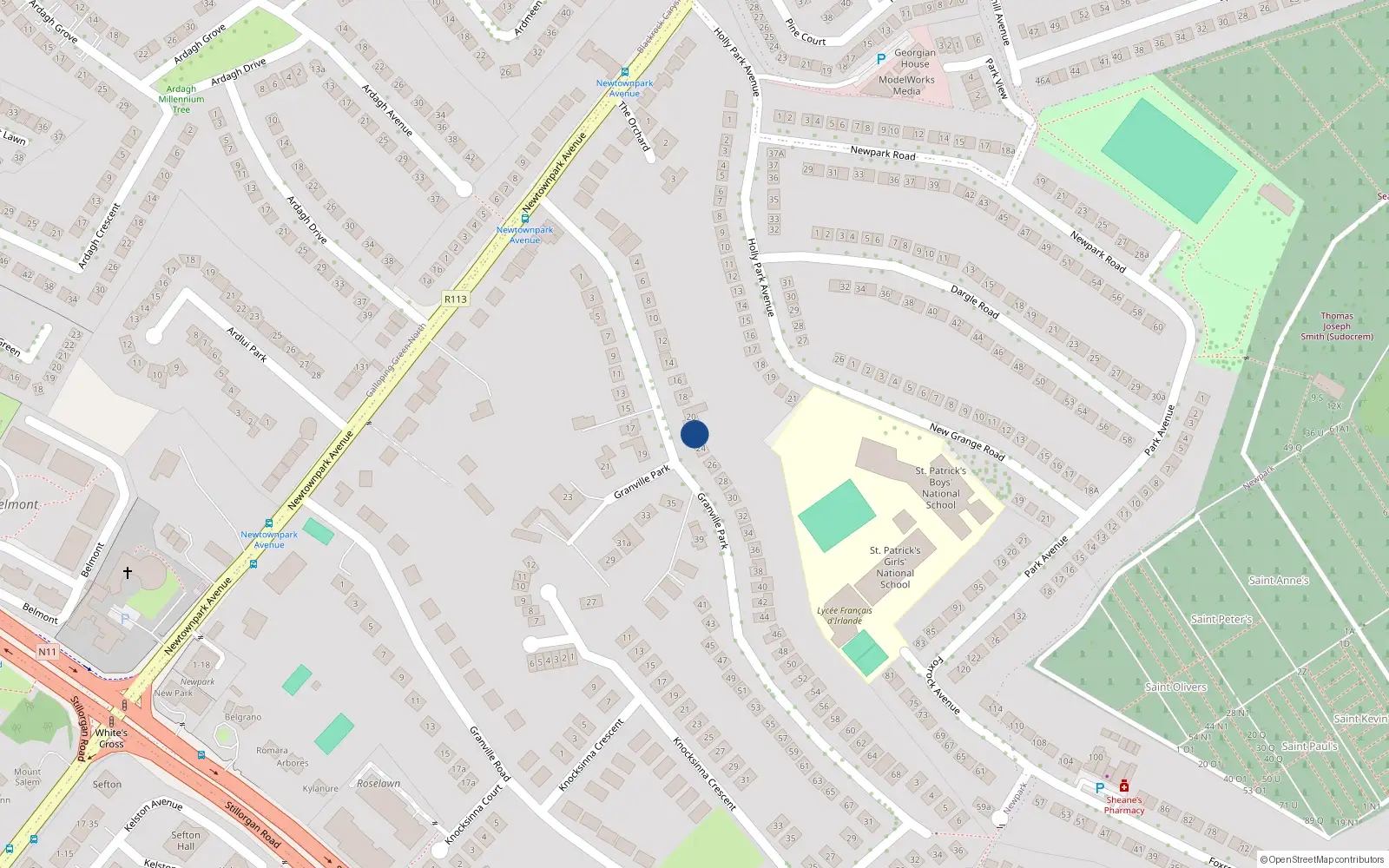 Overhead map showing the location of 22 Granville Park, Blackrock, Co Dublin