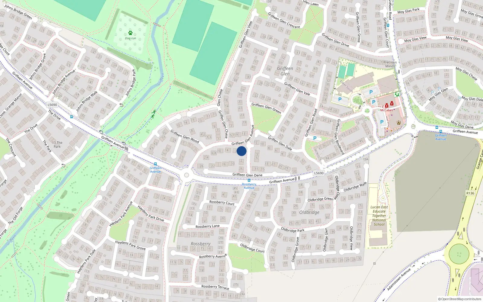 Overhead map showing the location of 22 Griffeen Glen Avenue, Lucan, Dublin