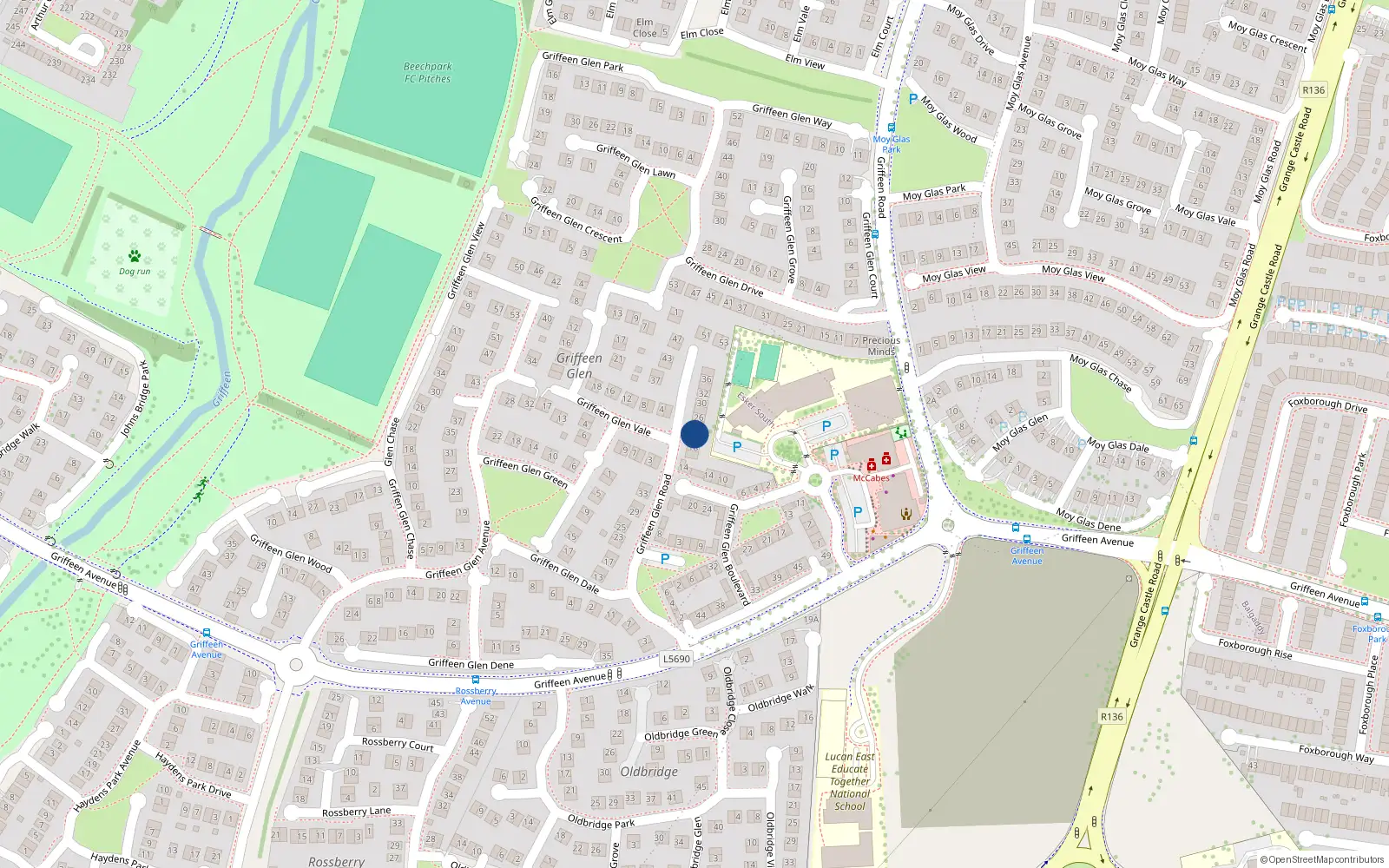 Overhead map showing the location of 22 Griffeen Glen Road, Lucan, Dublin