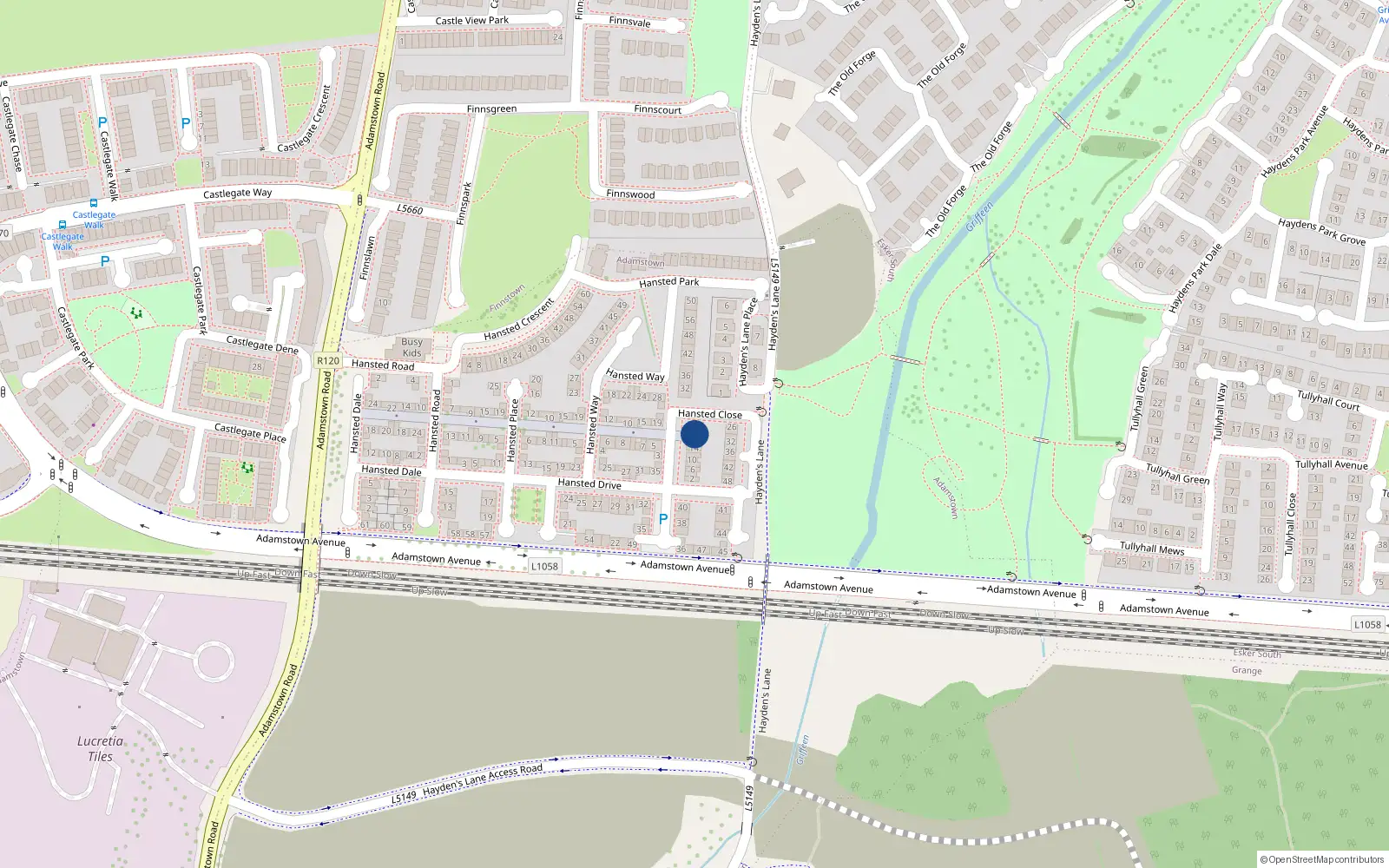 Overhead map showing the location of 22 Hansted Close, Lucan