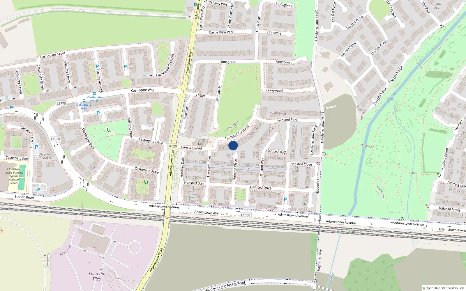 Overhead map showing the location of 22 Hansted Cresent, Finnstown, Lucan