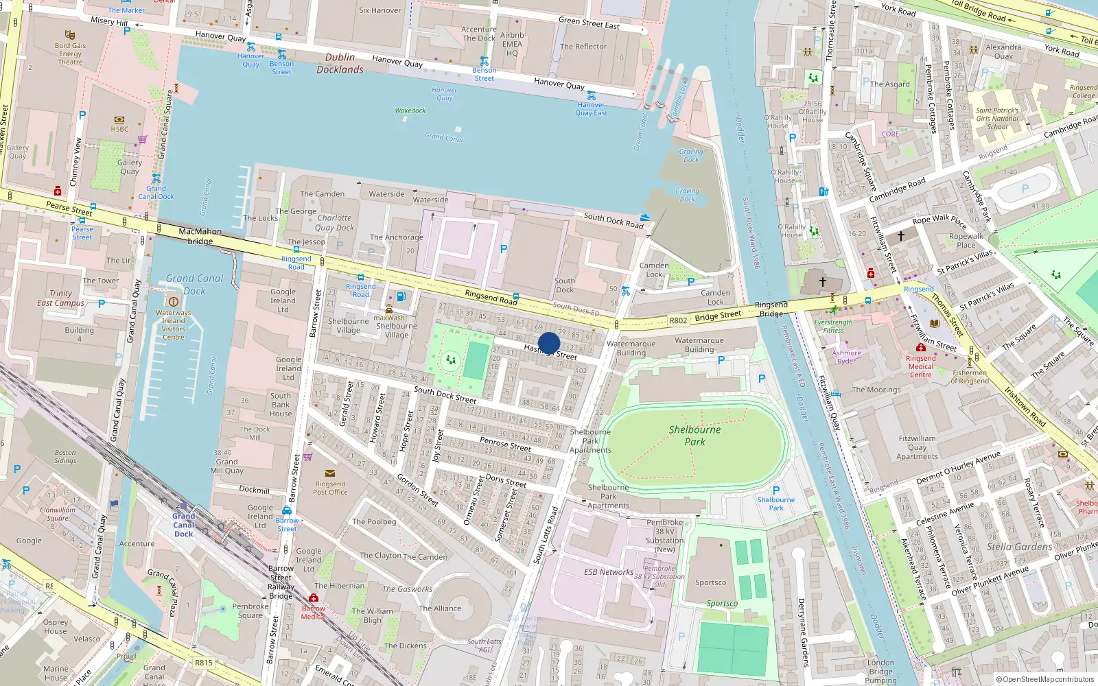 Overhead map showing the location of 22 Hastings Street, Dublin 4