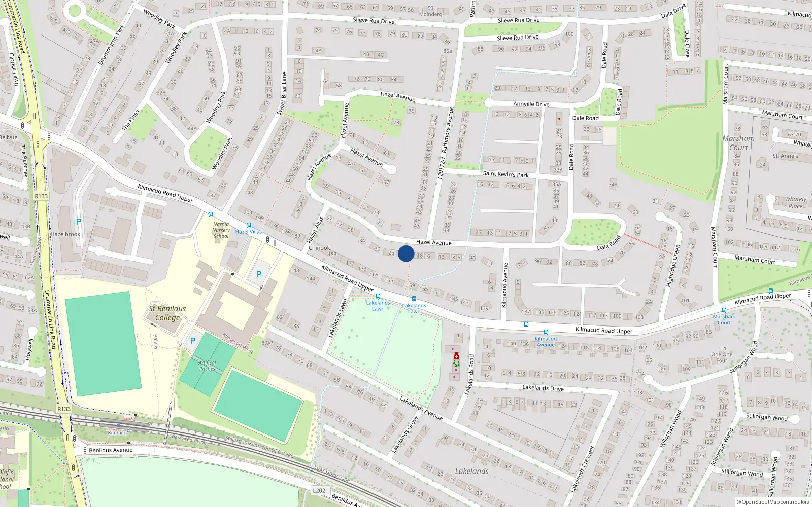 Overhead map showing the location of 22 Hazel Avenue, Kilmacud, Stillorgan