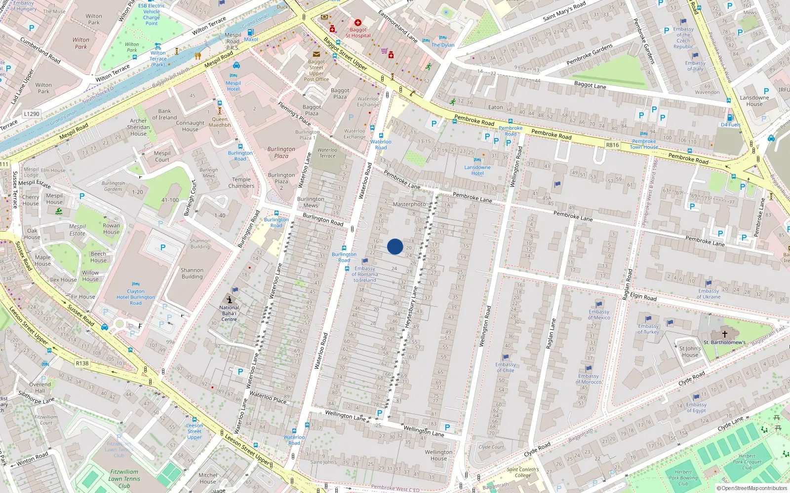 Overhead map showing the location of 22 Heytesbury Lane, Dublin 4