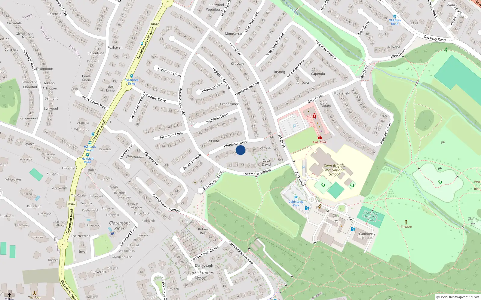 Overhead map showing the location of 22 Highland Grove, Dublin 18