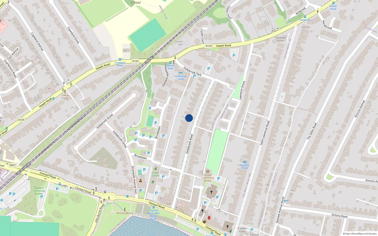 Overhead map showing the location of 22 Hollybrook Road, Clontarf, Dublin 3