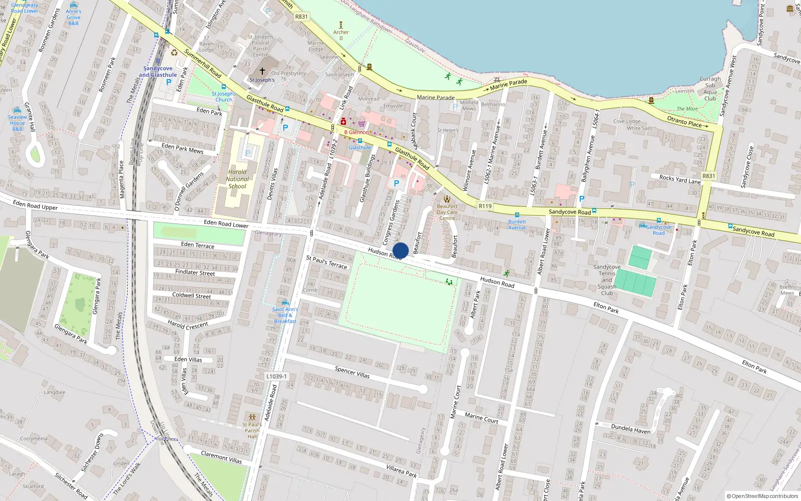 Overhead map showing the location of 22 Hudson Road, Dun Laoghaire