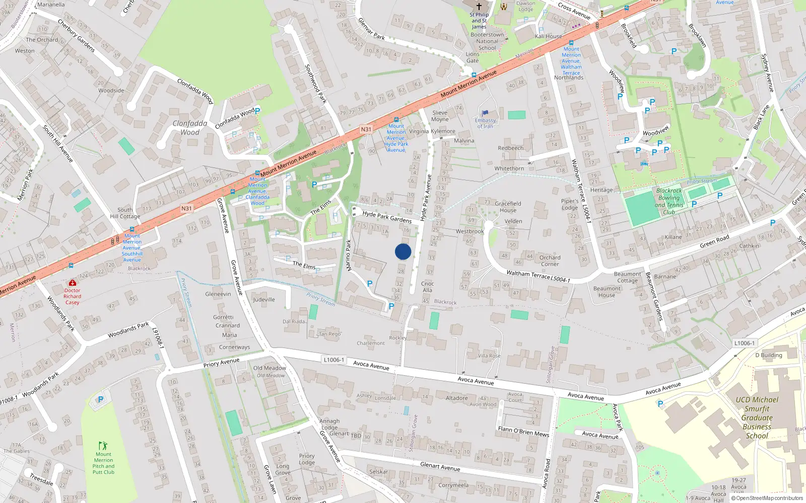 Overhead map showing the location of 22 Hyde Park Avenue, Blackrock