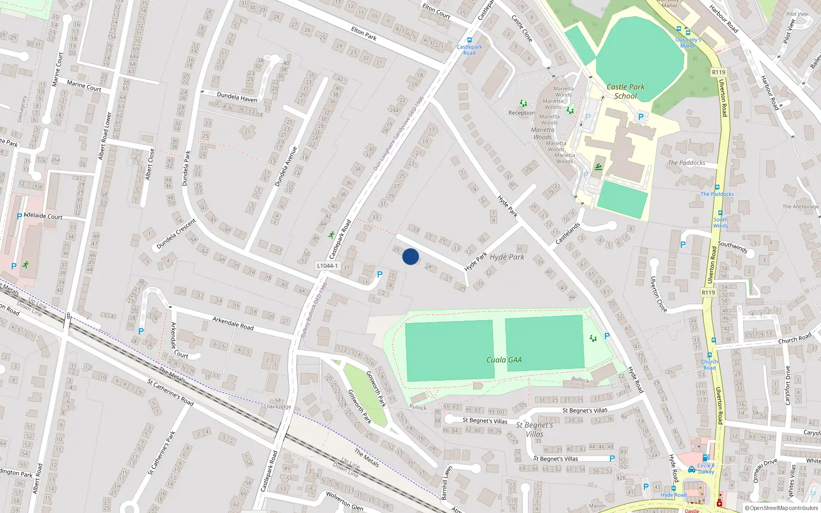 Overhead map showing the location of 22 Hyde Park, Dalkey, Dublin