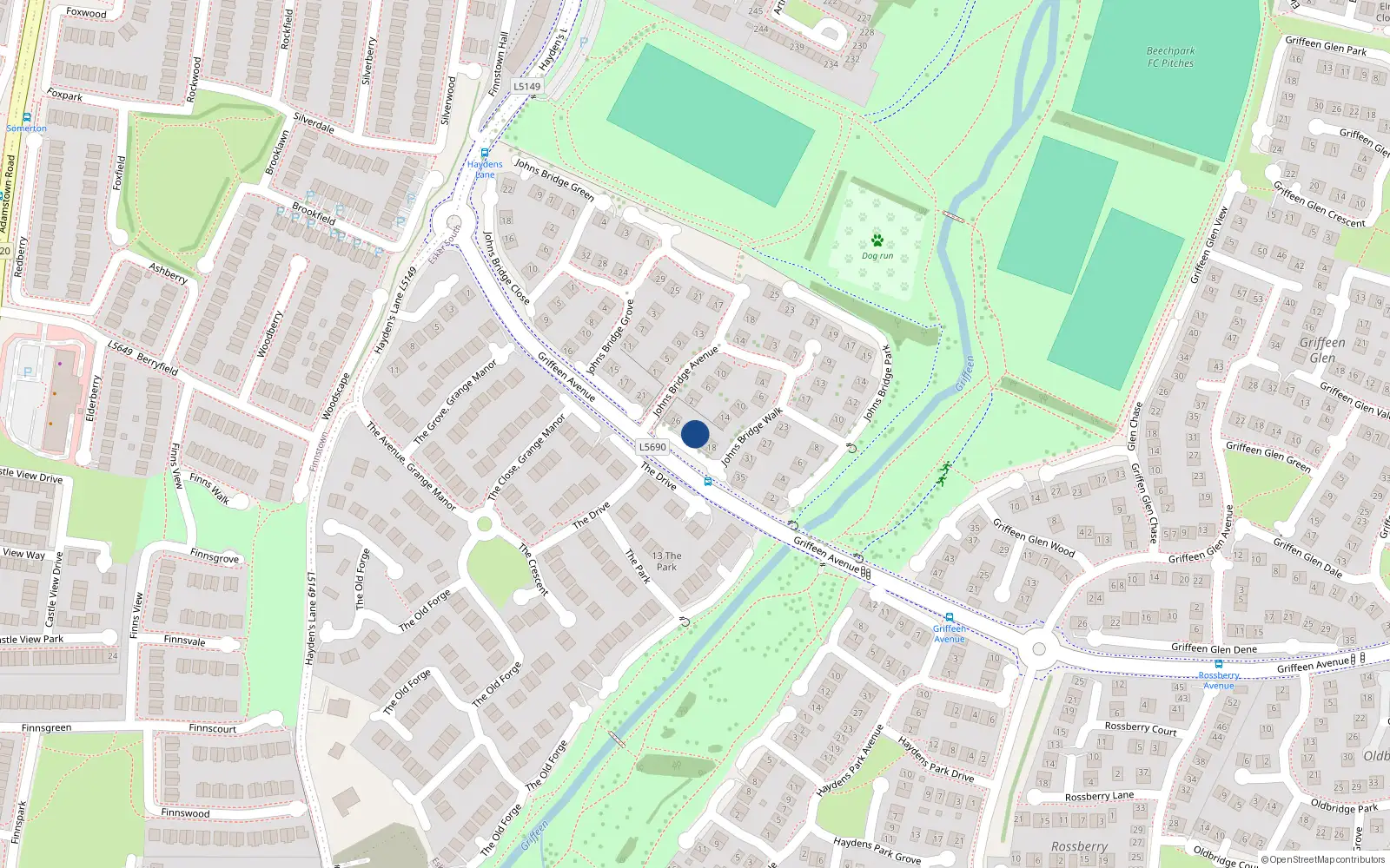 Overhead map showing the location of 22 Johnsbridge Walk, Lucan