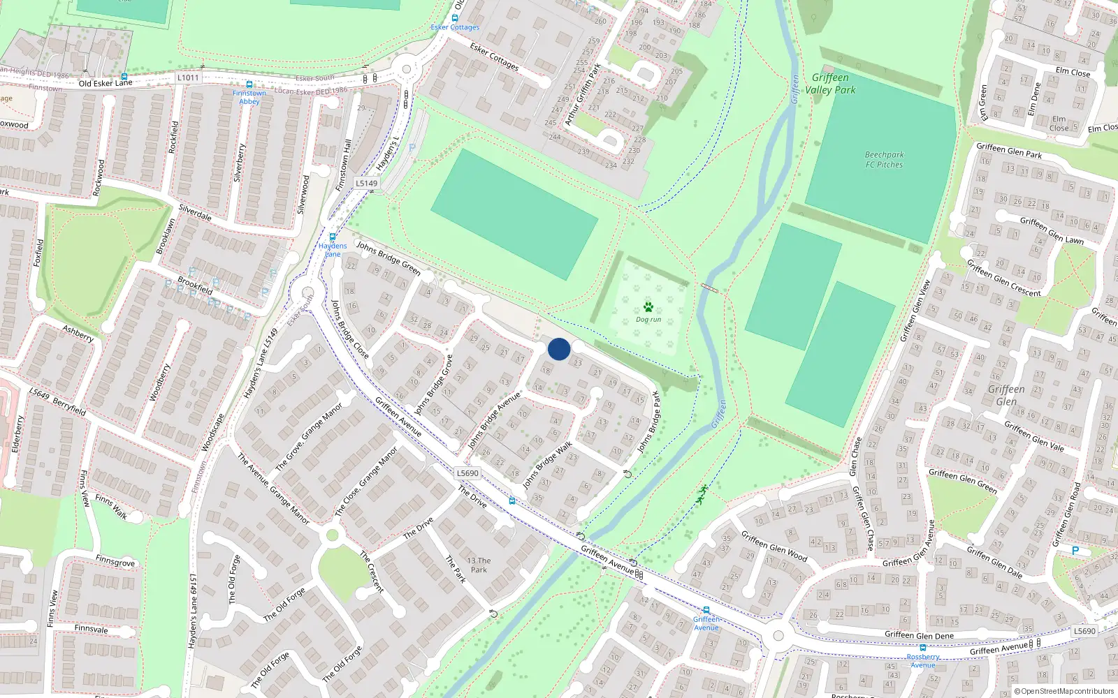 Overhead map showing the location of 22 Johnsbridge Avenue, Lucan