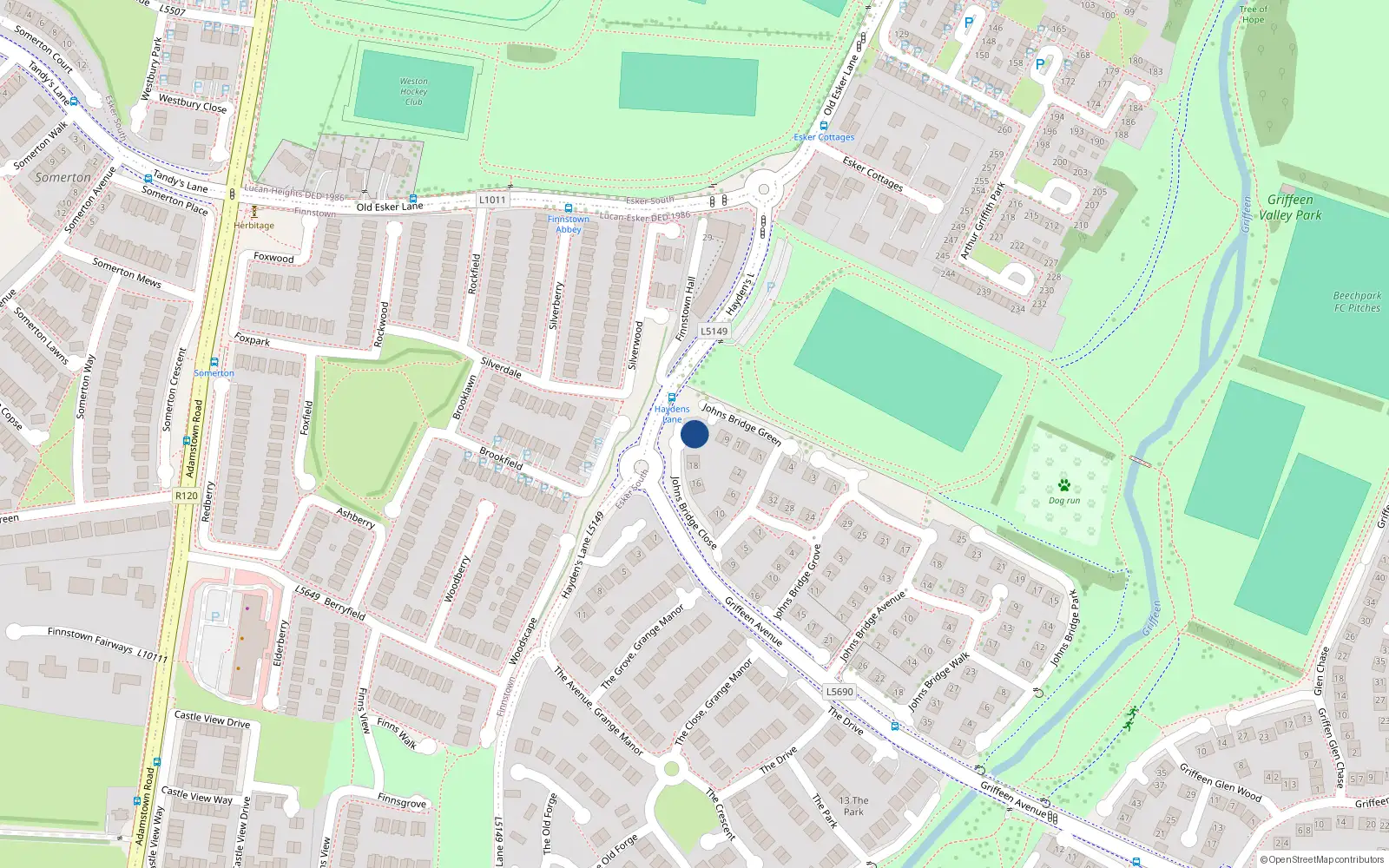 Overhead map showing the location of 22 Johnsbridge Close, Lucan