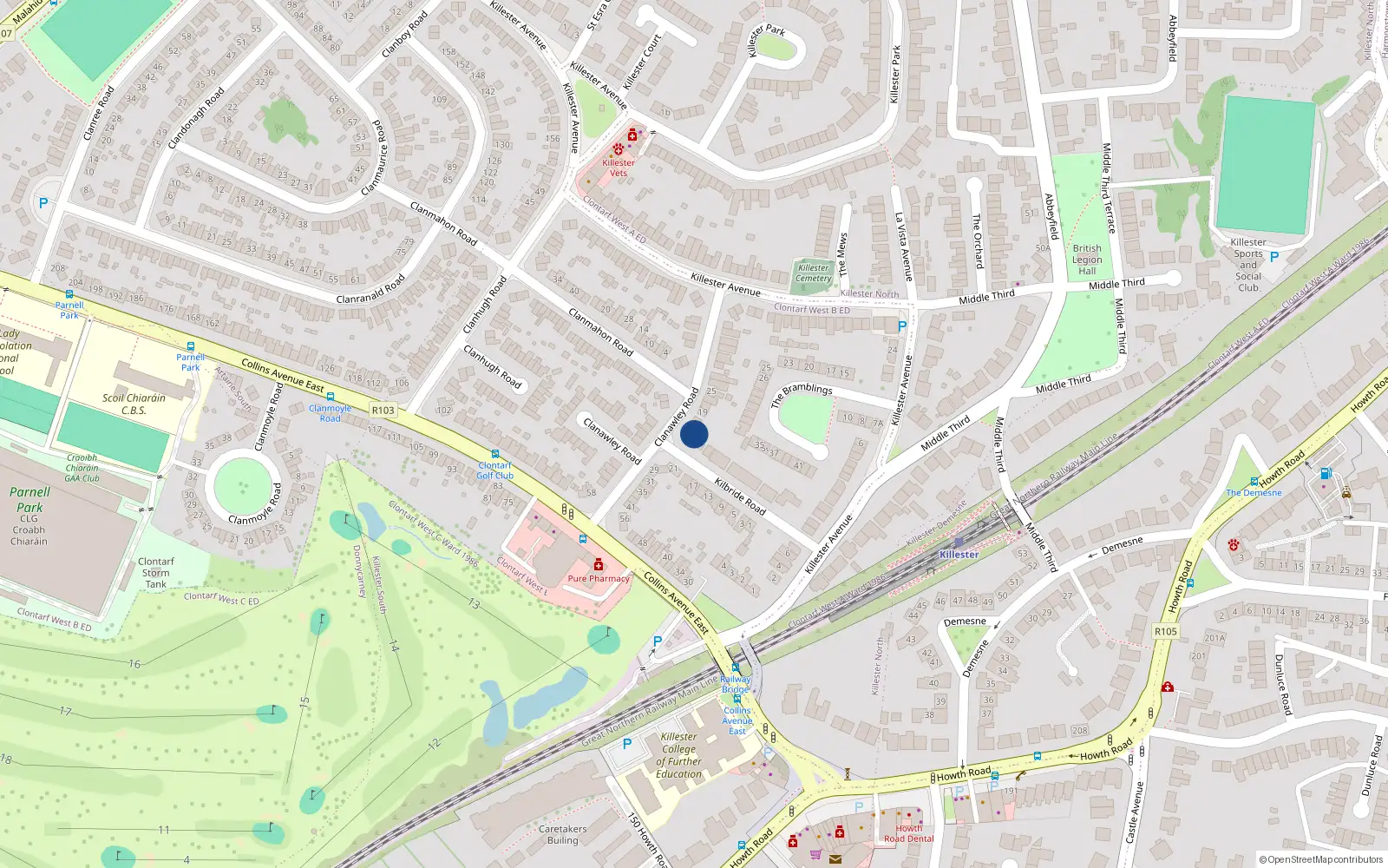 Overhead map showing the location of 22 Kilbride Road, Dublin 5