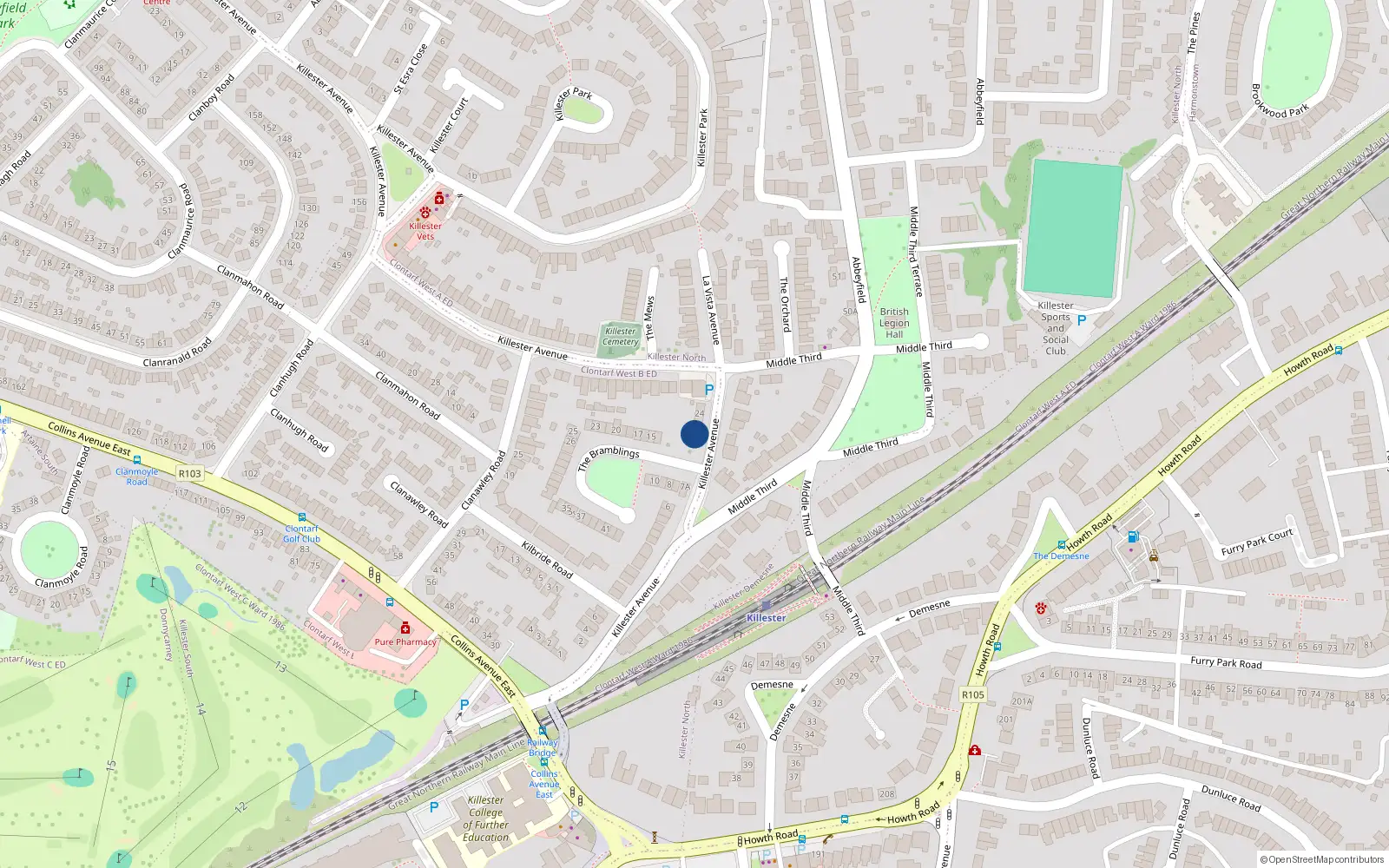 Overhead map showing the location of 22 Killester Avenue, Killester, Dublin 5