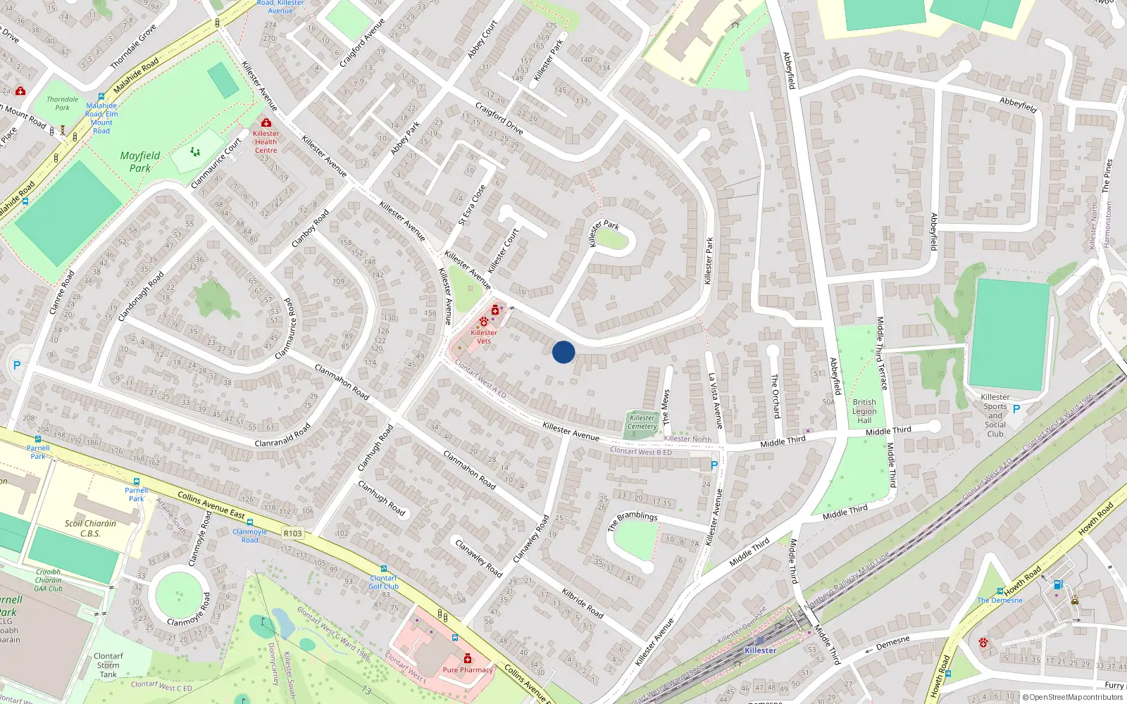 Overhead map showing the location of 22 Killester Park, Killester, Dublin 5